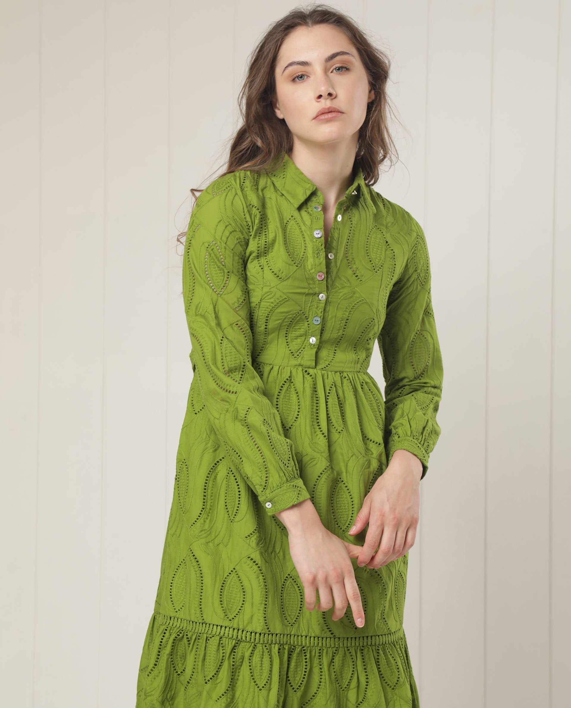 WOMEN'S DARCY GREEN DRESS COTTON FABRIC FULL SLEEVES SLIM FIT SOLID