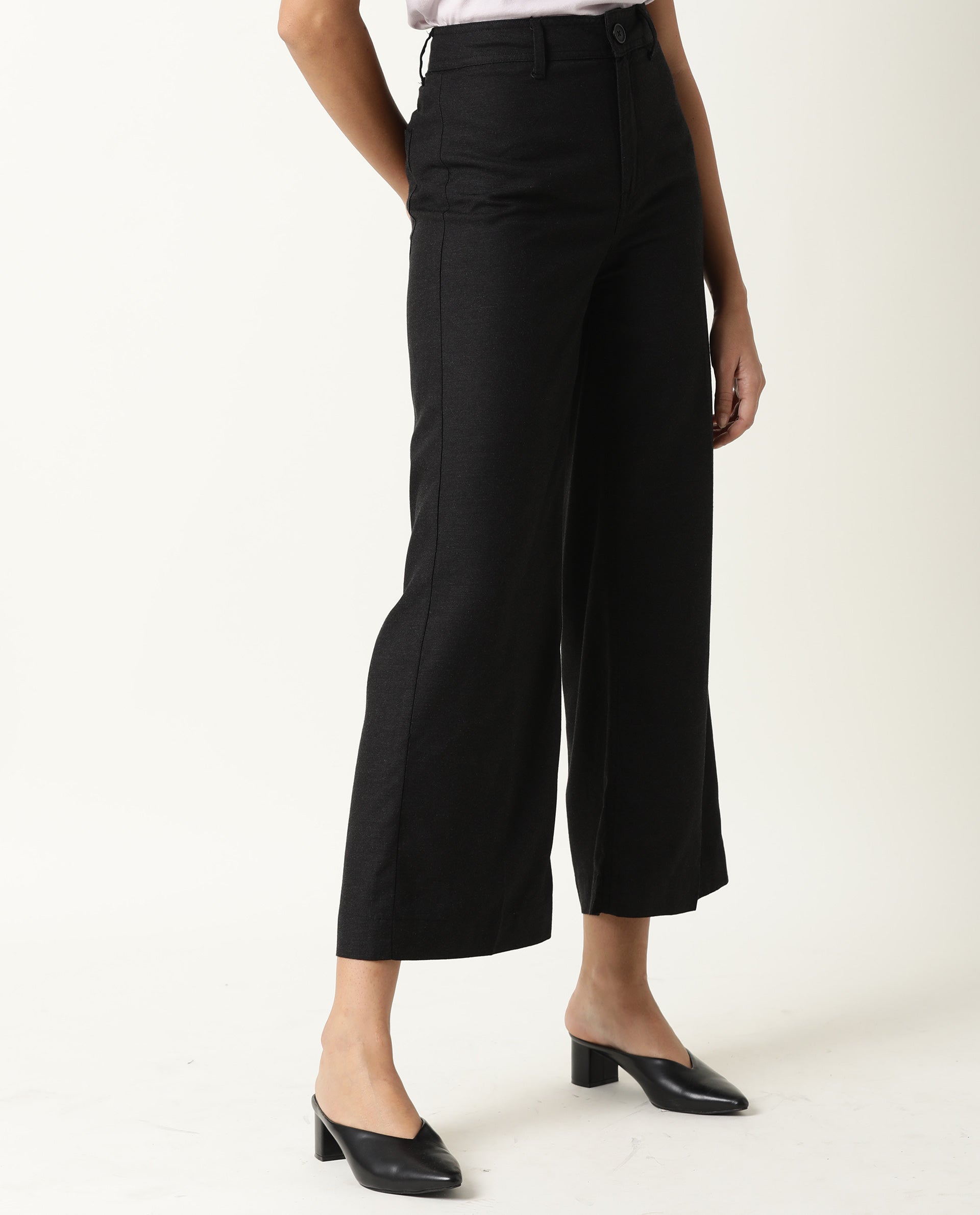 WOMEN'S MICKY BLACK TROUSERS COTTON LYOCELL FABRIC FULL SLEEVES BUTTON CLOSURE SOLID