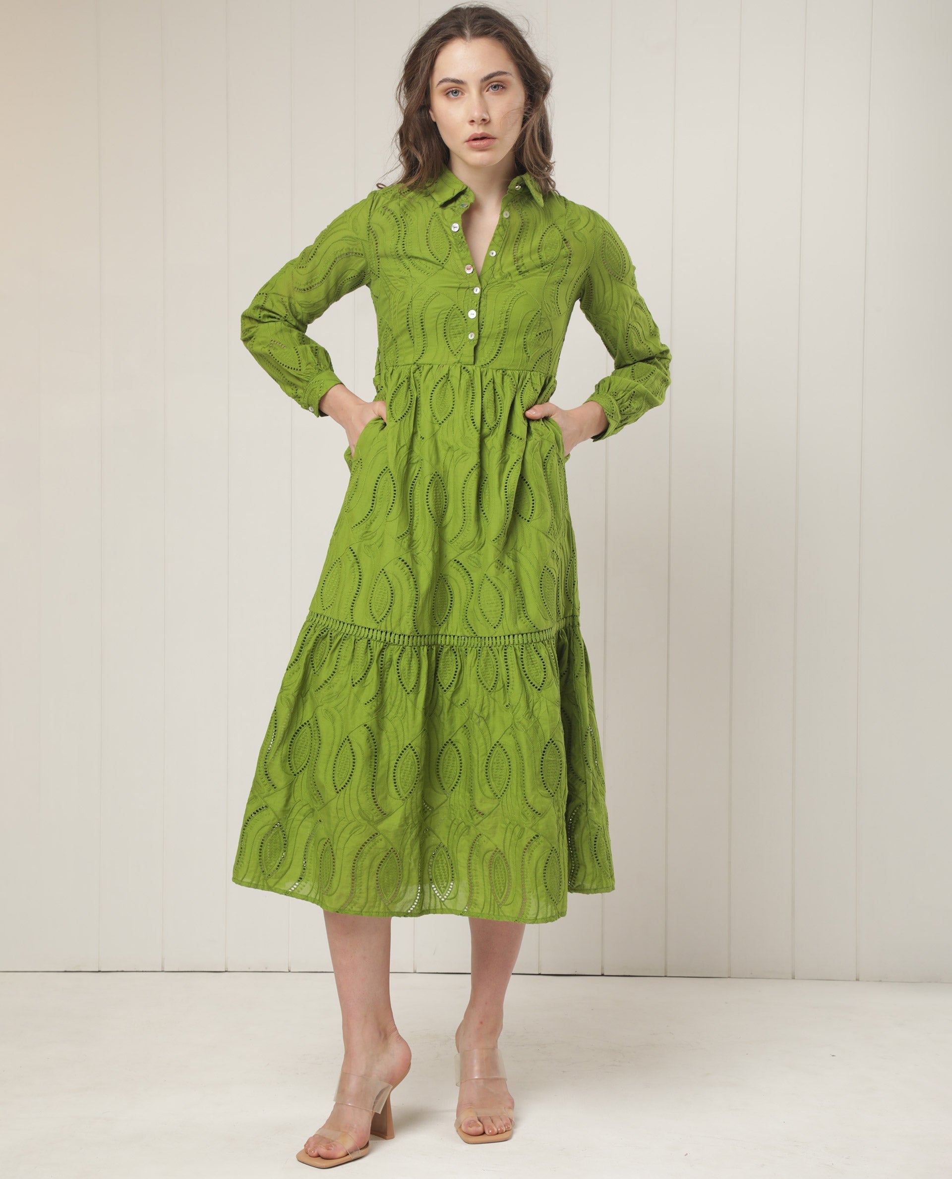 WOMEN'S DARCY GREEN DRESS COTTON FABRIC FULL SLEEVES SLIM FIT SOLID