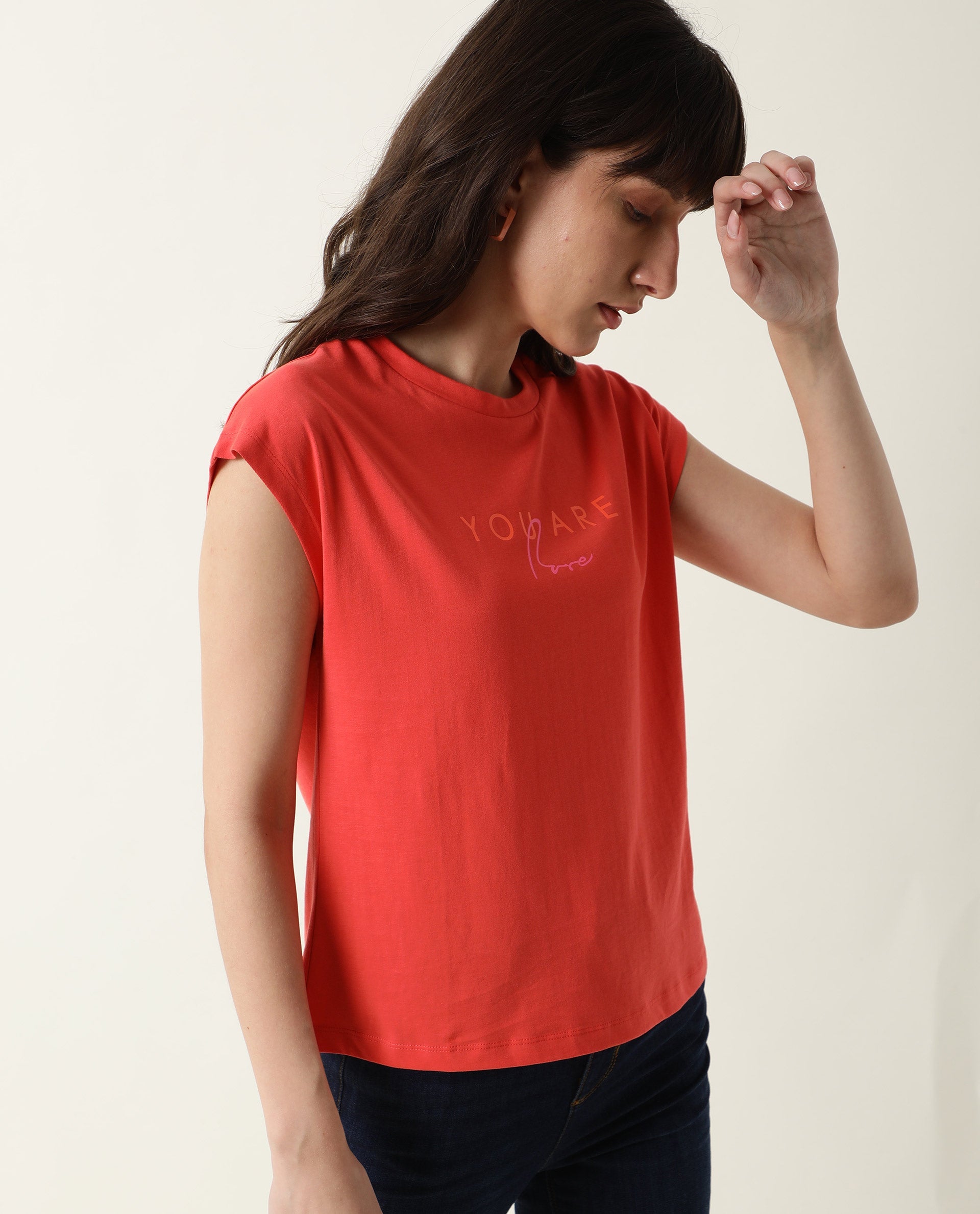 WOMENS CAPRICO RED T-SHIRT Cotton FABRIC Regular FIT Half Sleeve Round Neck