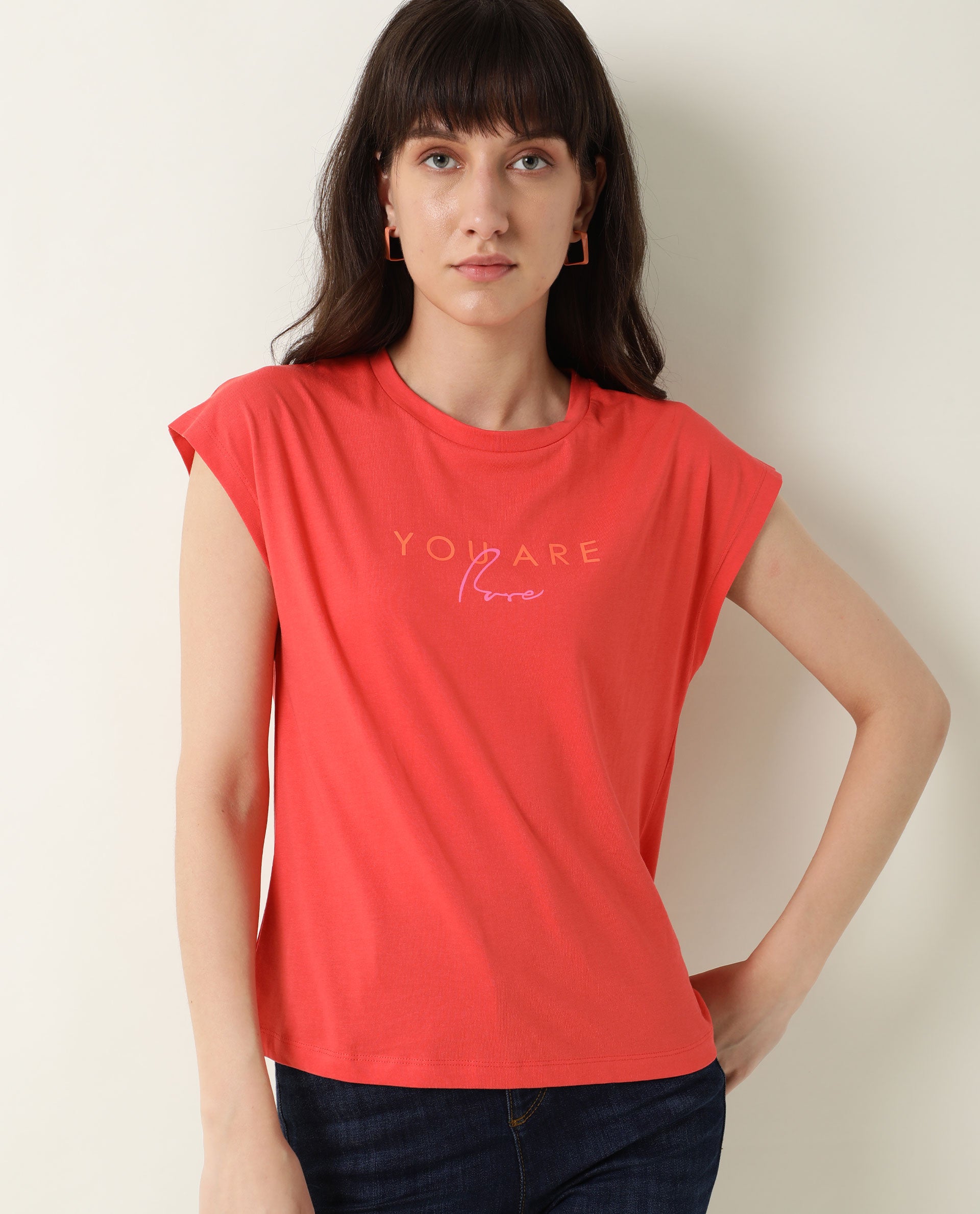 WOMENS CAPRICO RED T-SHIRT Cotton FABRIC Regular FIT Half Sleeve Round Neck