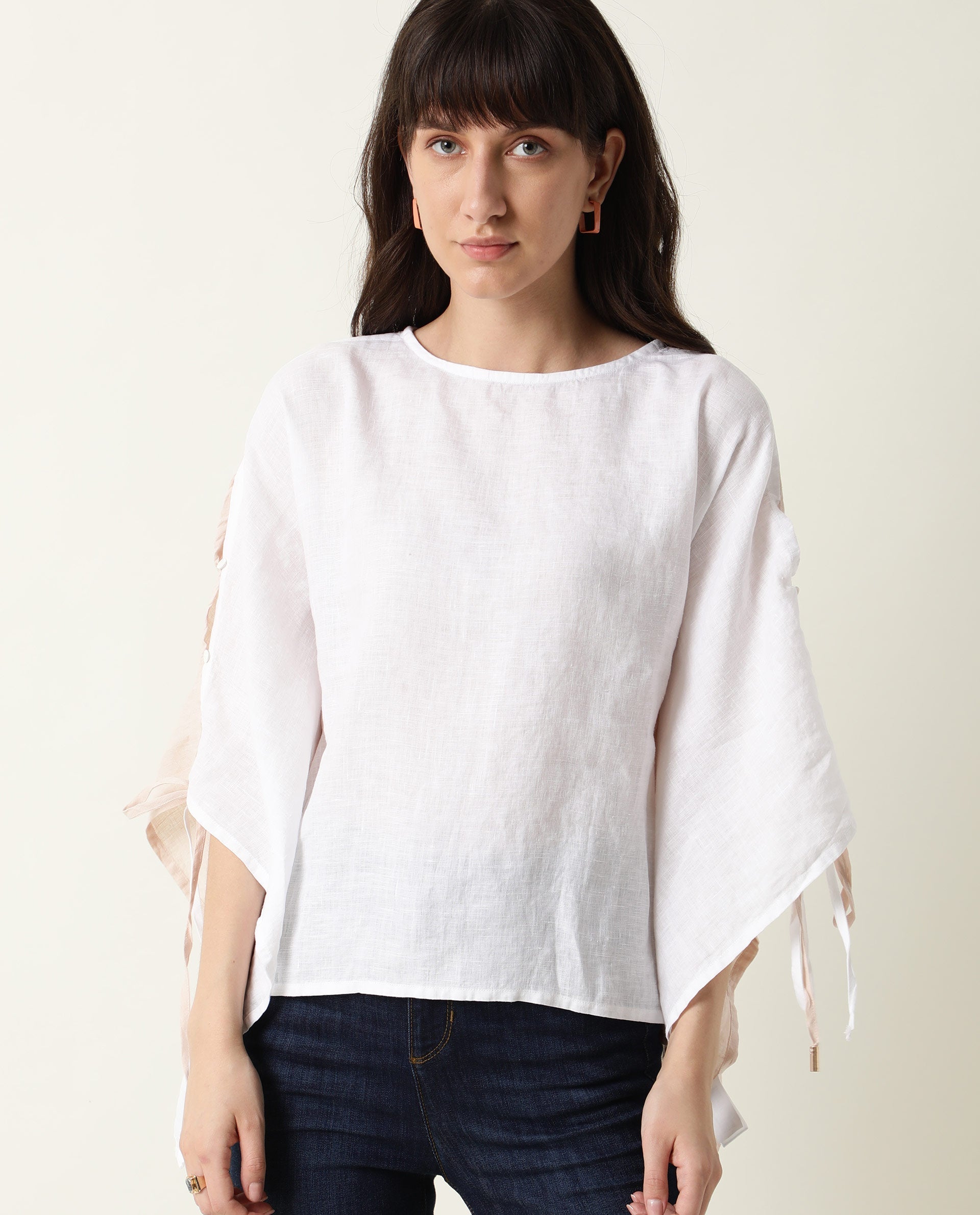 WOMENS SAFRON WHITE TOP LINEN FABRIC REGULAR FIT EXTENDED SLEEVE ROUND NECK