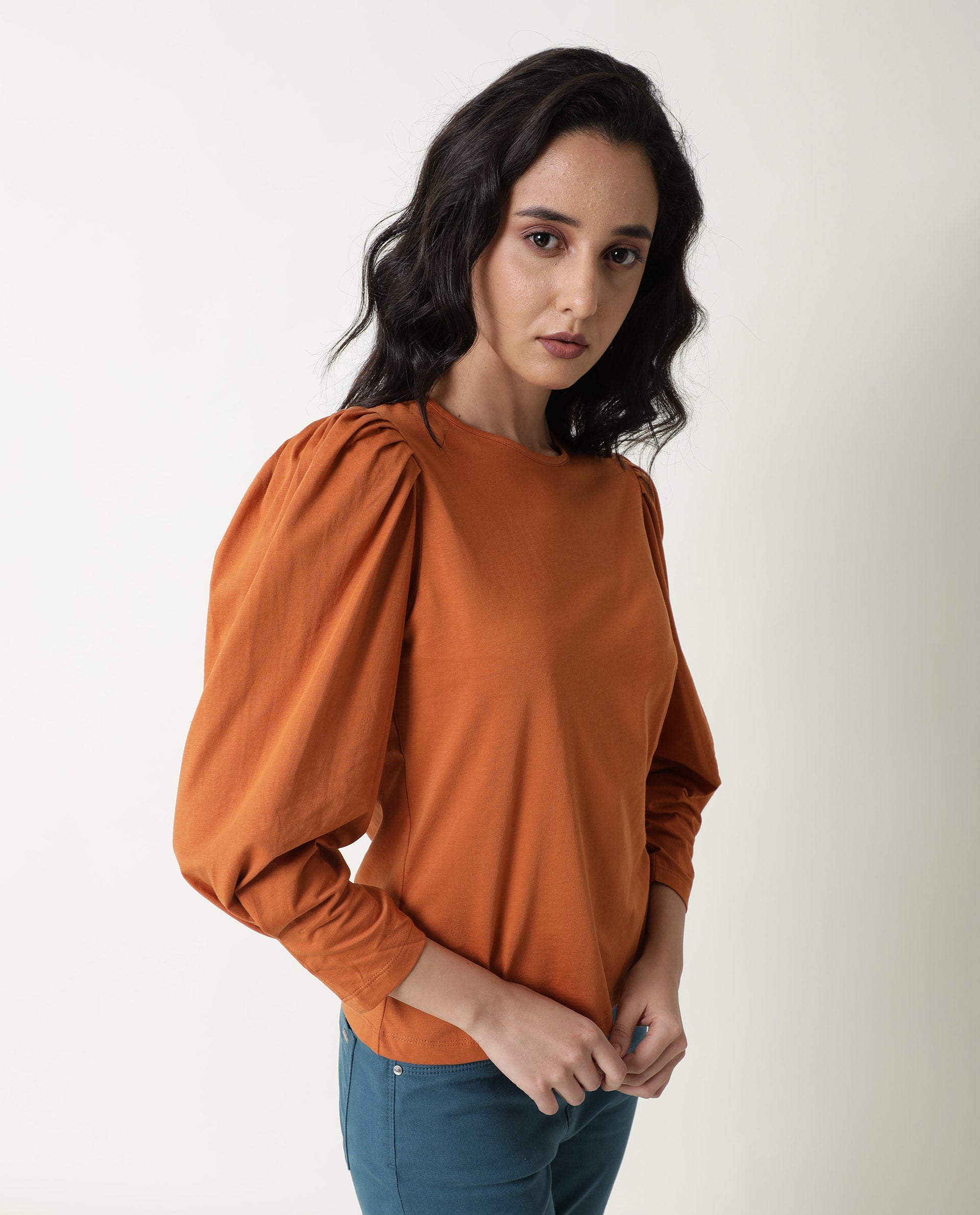 WOMENS BALLERINA ORANGE TOP Cotton FABRIC Regular FIT Puff Sleeves Round Neck