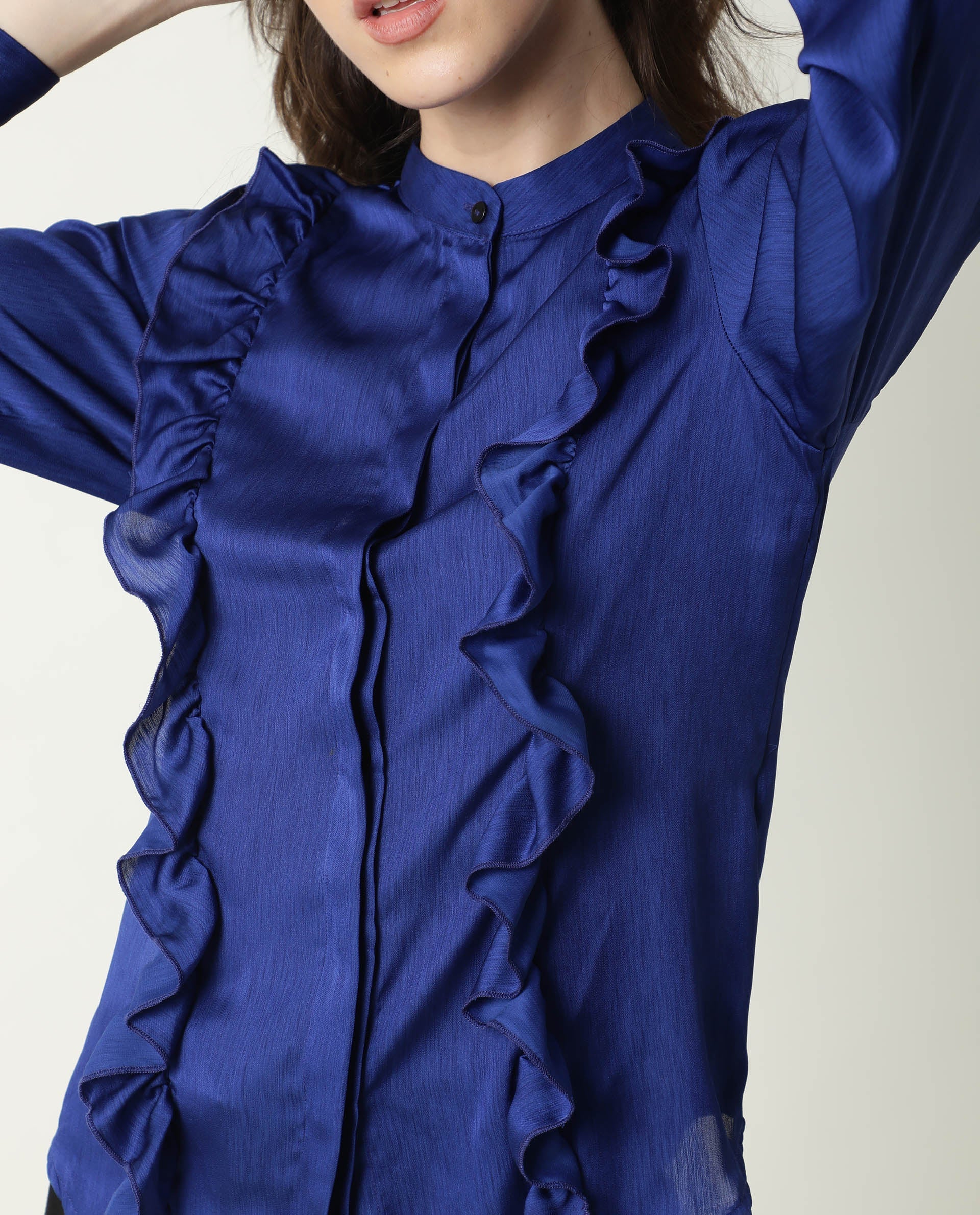 WOMENS CHAMOMILE BLUE TOP Polyester FABRIC  FIT Regular Sleeves Mandarin NECK