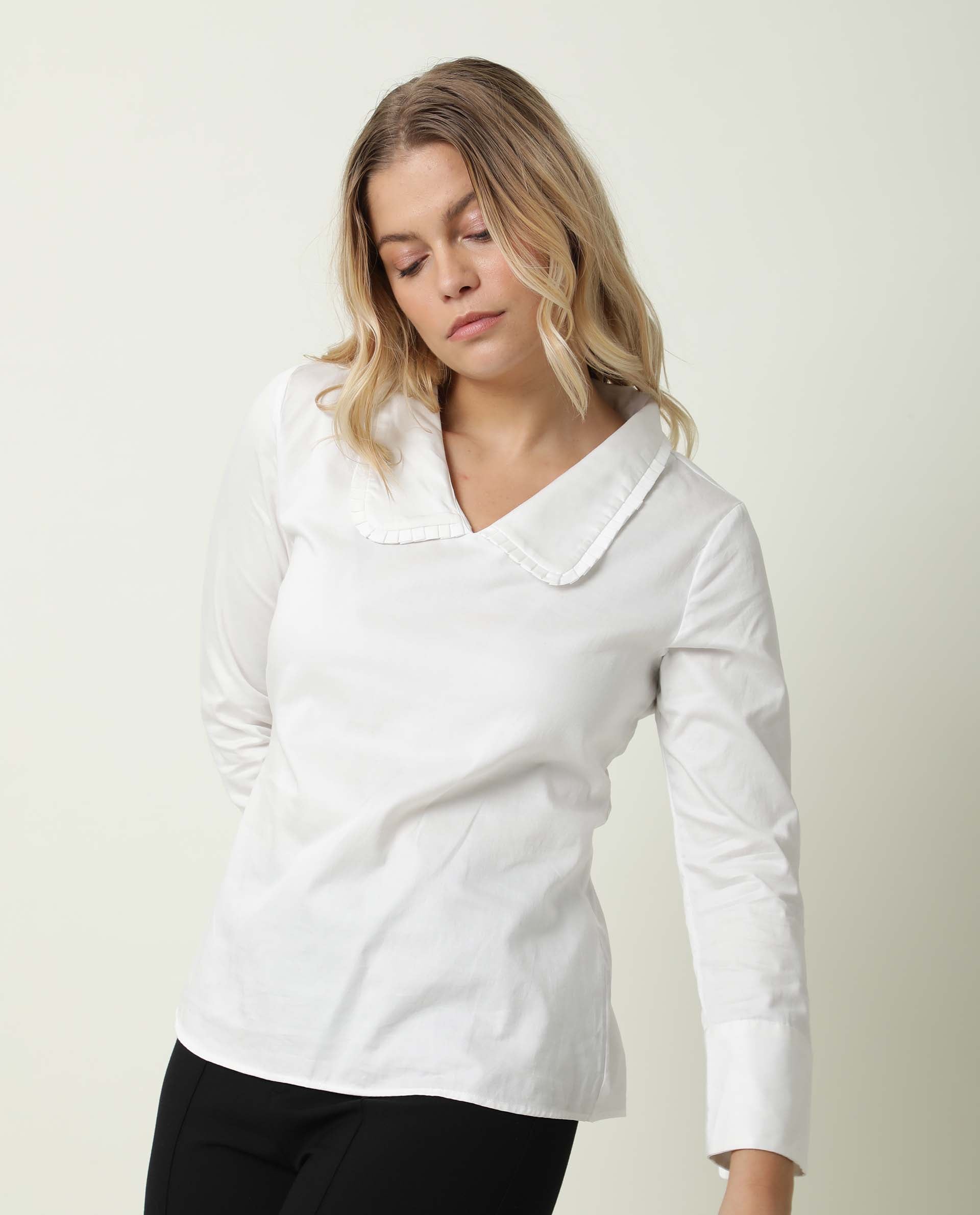 WOMENS MUSHROO WHITE TOP Cotton Satin FABRIC Regular FIT Cuffed Sleeve Collared Neck