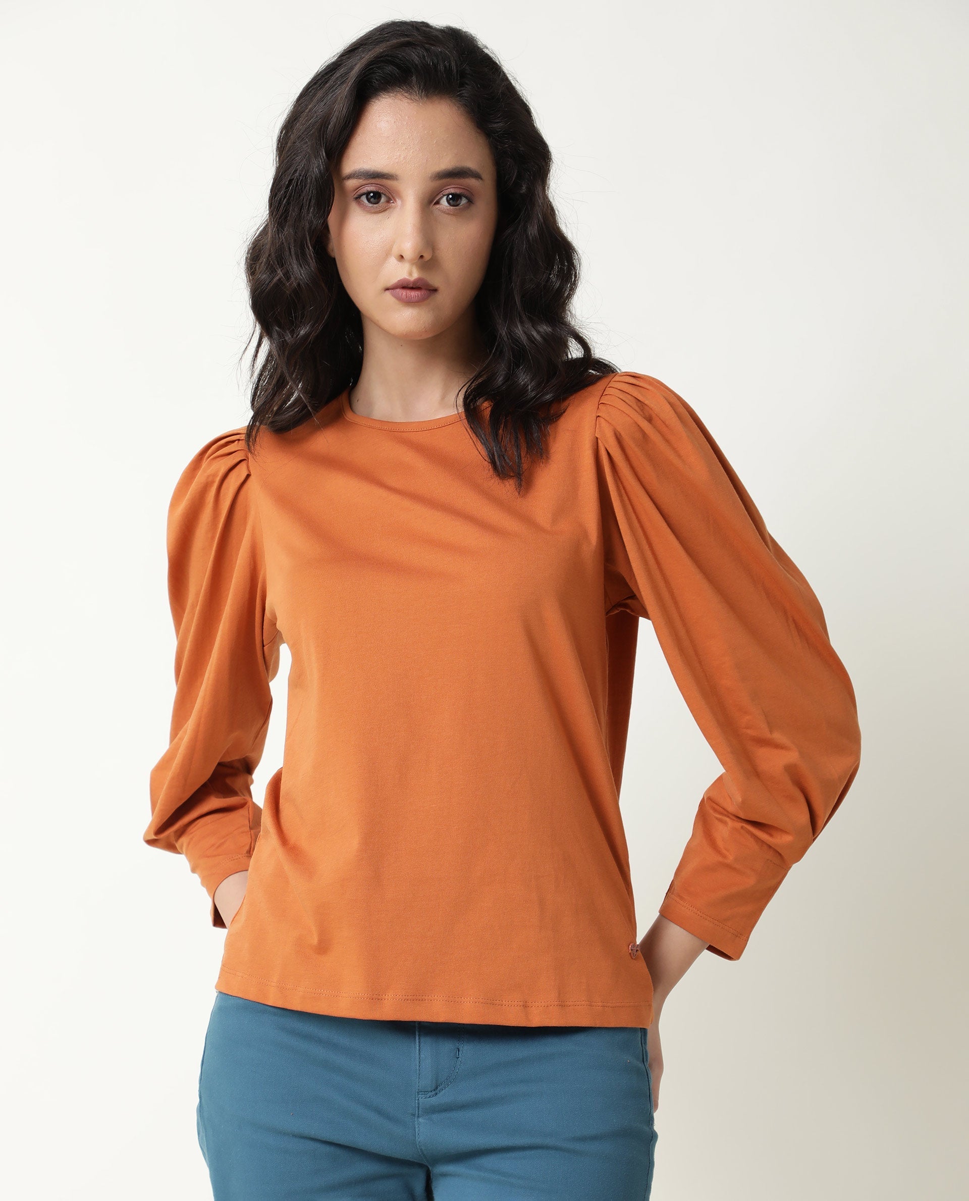 WOMENS BALLERINA ORANGE TOP Cotton FABRIC Regular FIT Puff Sleeves Round Neck