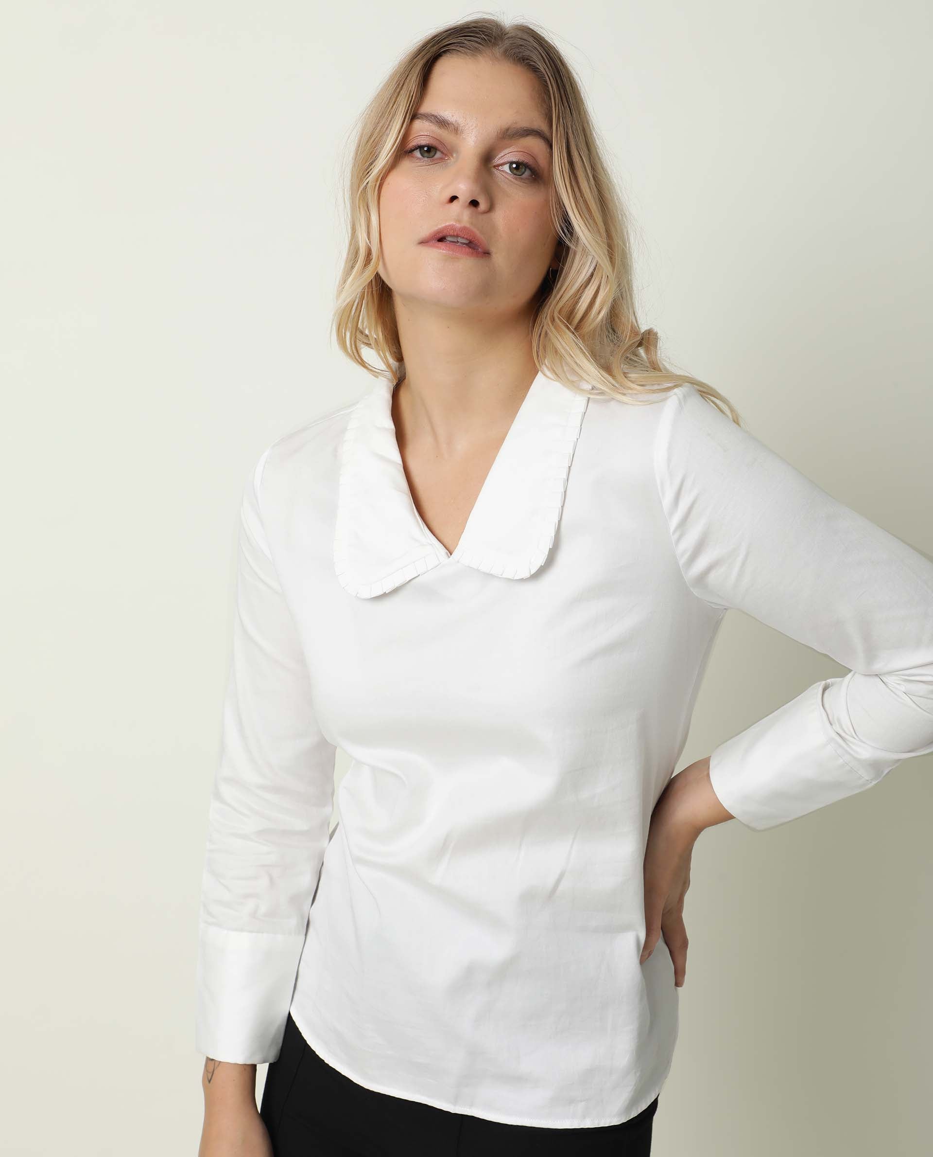 WOMENS MUSHROO WHITE TOP Cotton Satin FABRIC Regular FIT Cuffed Sleeve Collared Neck