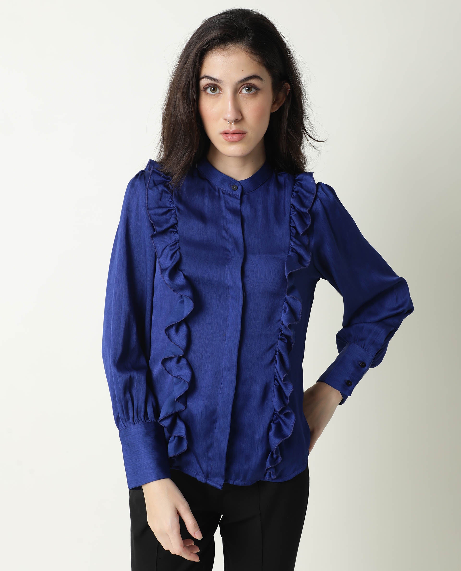 WOMENS CHAMOMILE BLUE TOP Polyester FABRIC  FIT Regular Sleeves Mandarin NECK