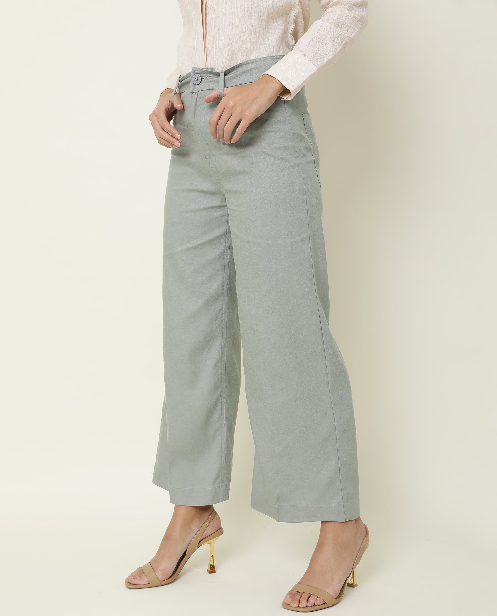 WOMEN'S MICKY GREEN TROUSERS COTTON LYOCELL FABRIC FULL SLEEVES BUTTON CLOSURE SOLID