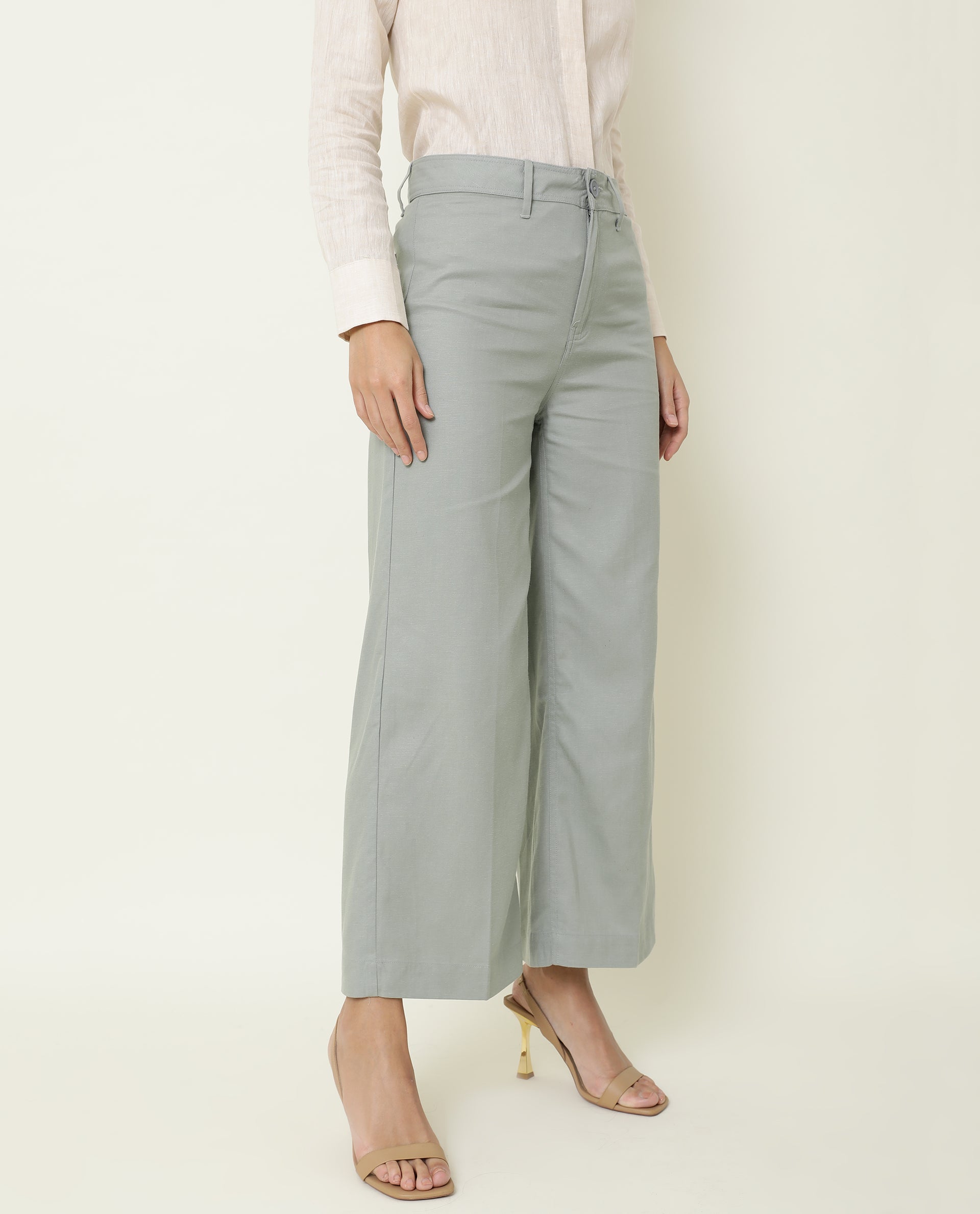 WOMEN'S MICKY GREEN TROUSERS COTTON LYOCELL FABRIC FULL SLEEVES BUTTON CLOSURE SOLID