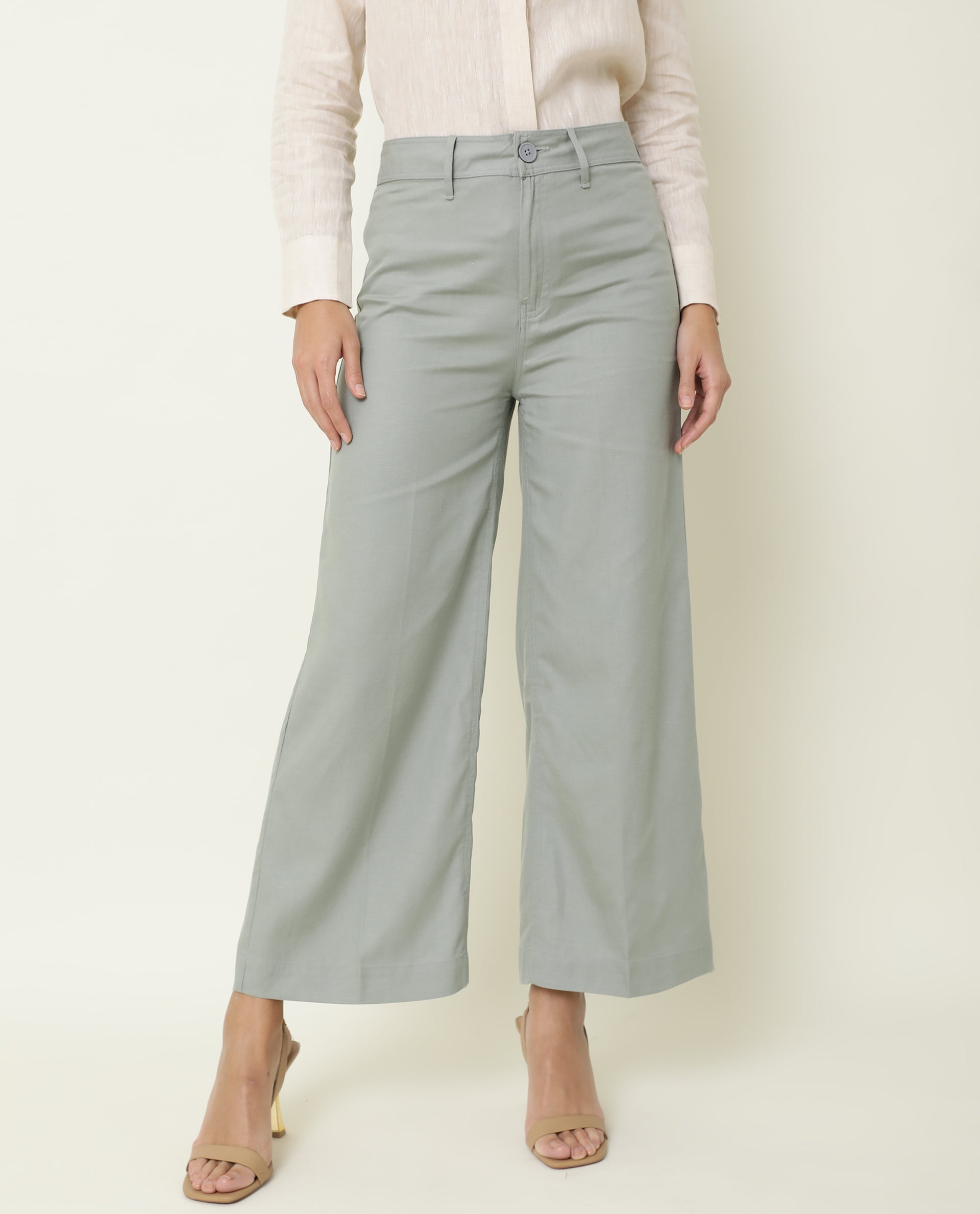 WOMEN'S MICKY GREEN TROUSERS COTTON LYOCELL FABRIC FULL SLEEVES BUTTON CLOSURE SOLID