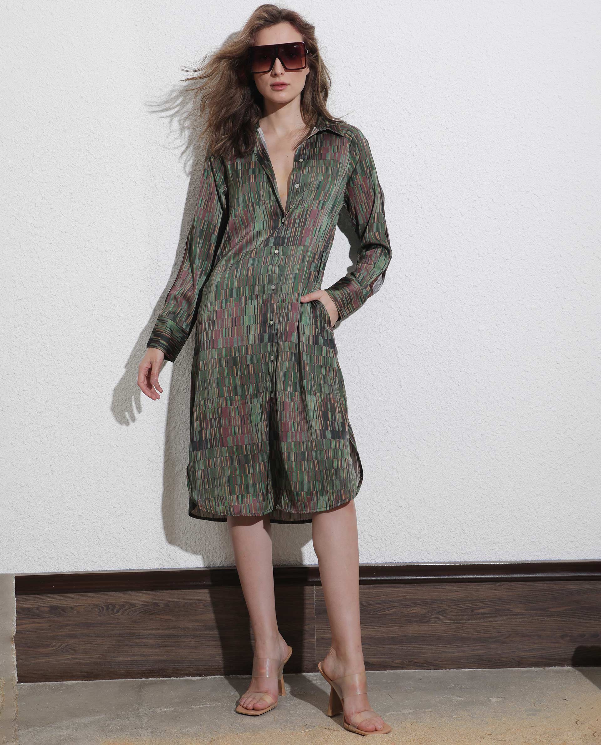 WOMEN'S REIGN OLIVE DRESS POLYESTER FABRIC FULL SLEEVES PRINT