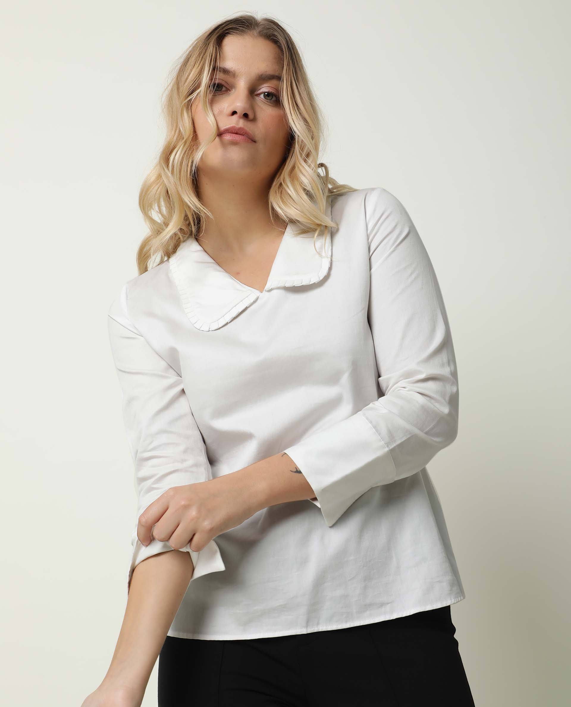 WOMENS MUSHROO WHITE TOP Cotton Satin FABRIC Regular FIT Cuffed Sleeve Collared Neck