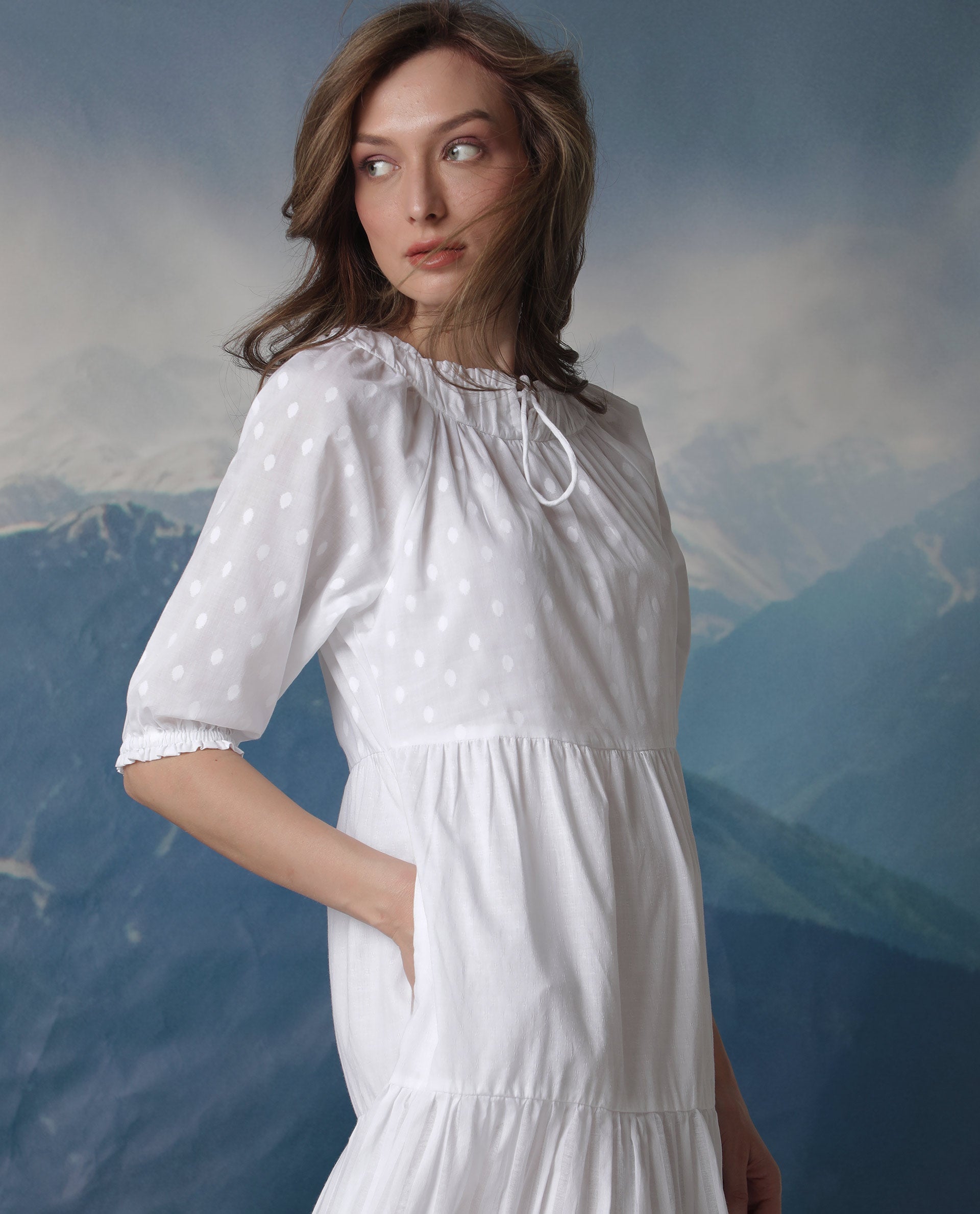 WOMEN'S MYLE WHITE DRESS COTTON FABRIC FULL SLEEVES SOLID