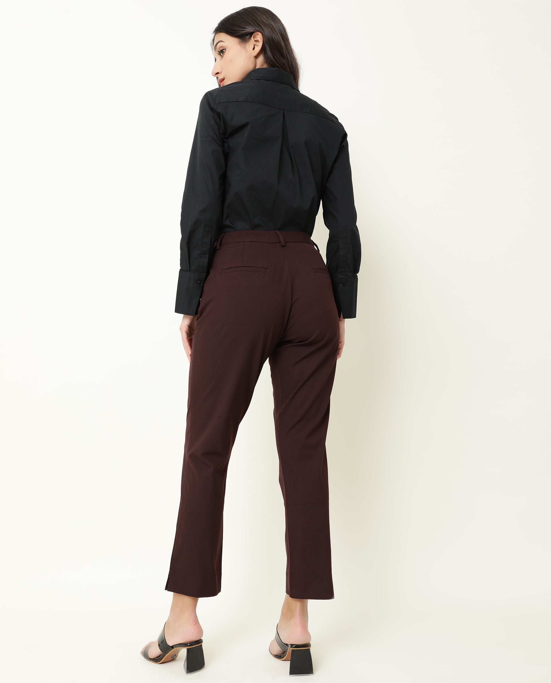 WOMENS YARD MAROON TROUSER Polycotton Lycra FABRIC Fitted FIT Button CLOSURE High Rise WAIST RISE Ankle Length