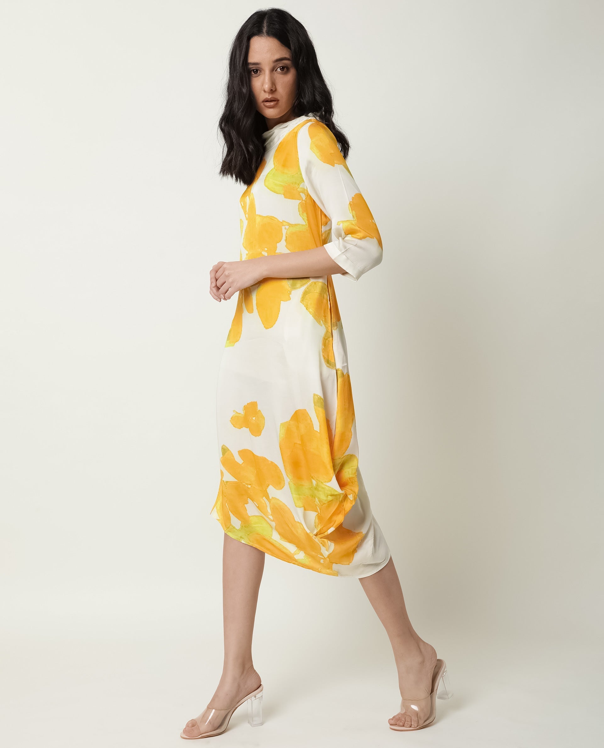 WOMENS BON  YELLOW DRESS MODAL SATIN FABRIC 3/4  SLEEVE HIGH NECK