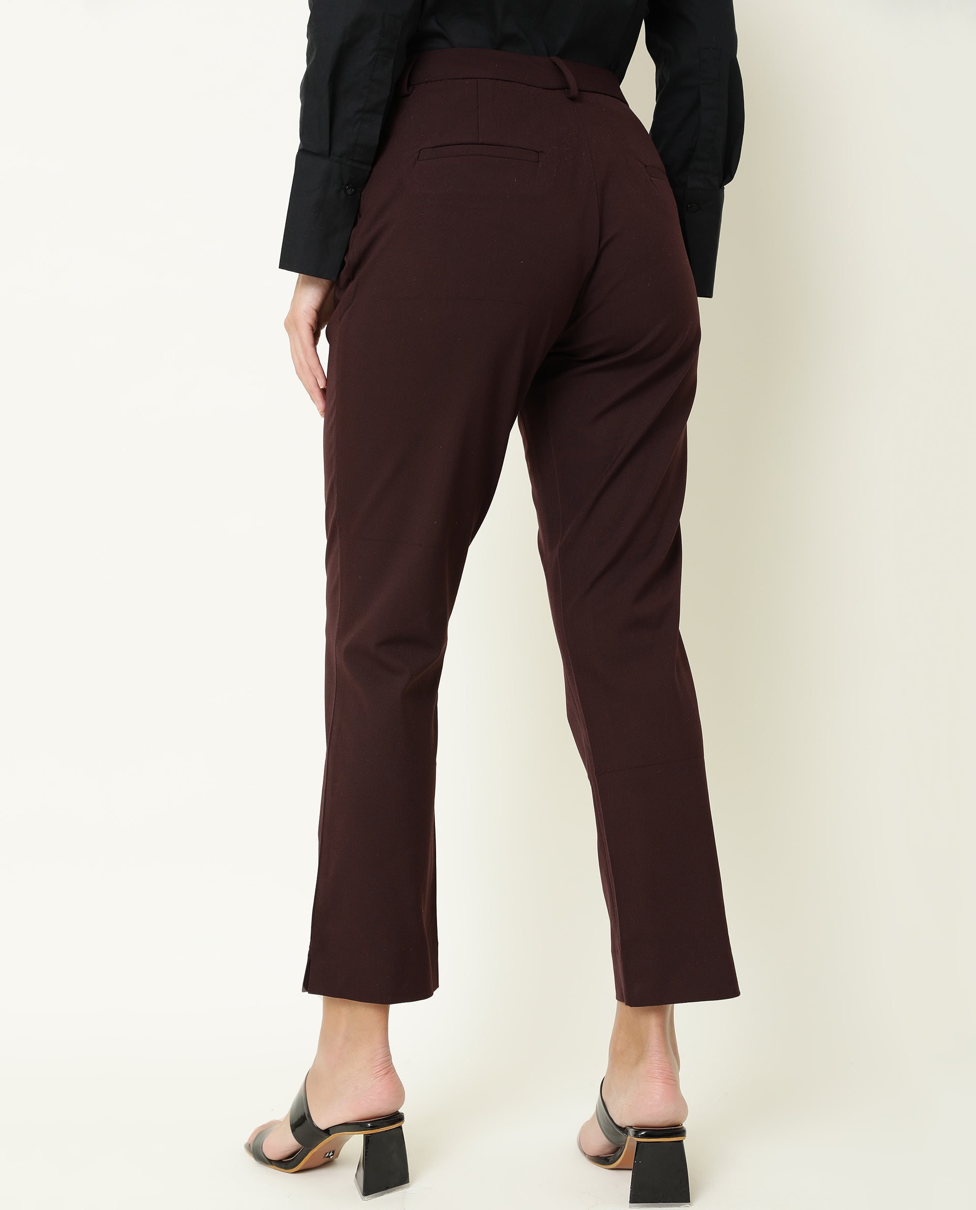 WOMENS YARD MAROON TROUSER Polycotton Lycra FABRIC Fitted FIT Button CLOSURE High Rise WAIST RISE Ankle Length