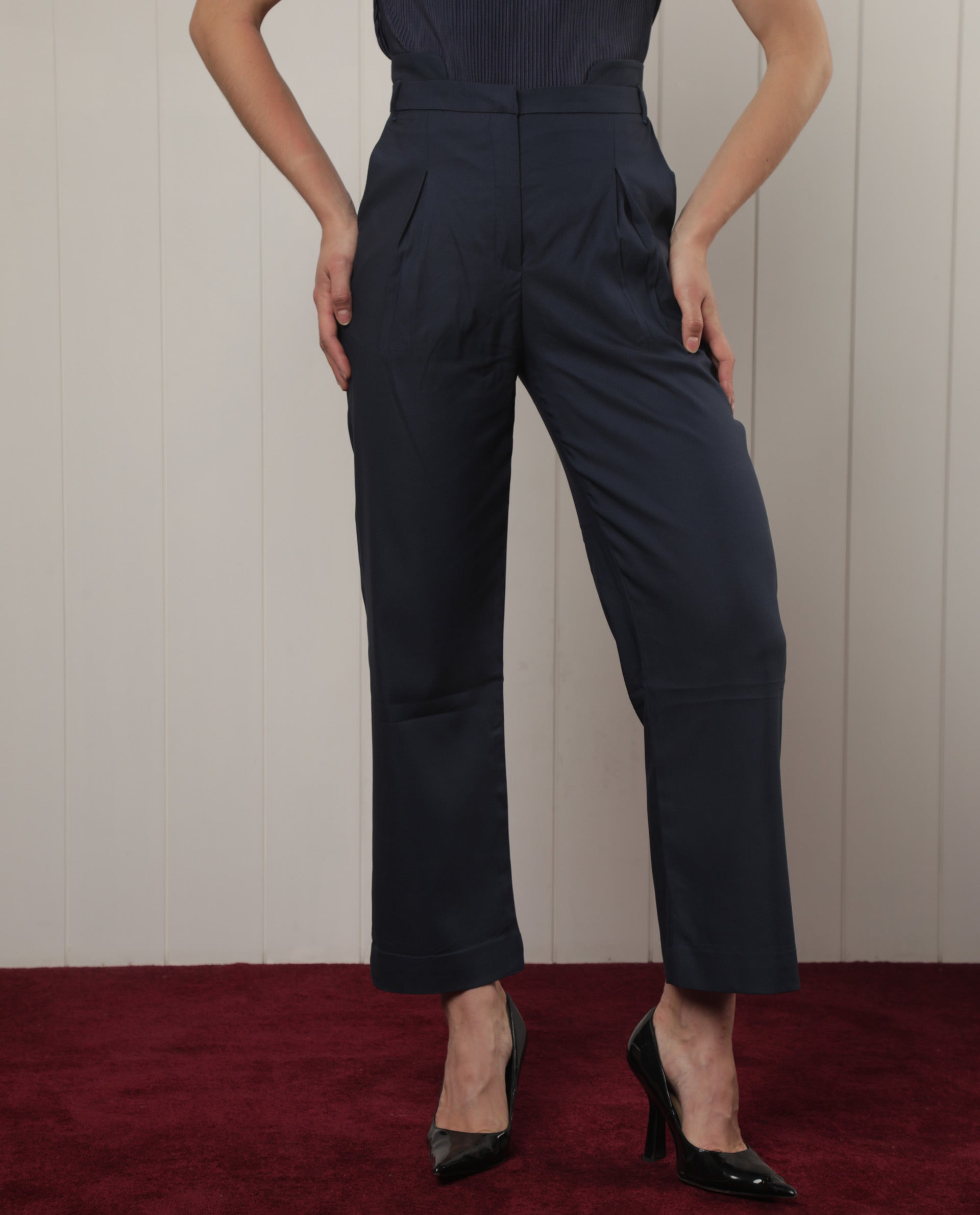 WOMEN'S EVANOVA NAVY TROUSERS POLYESTER FABRIC HIGH WAIST  PRINT