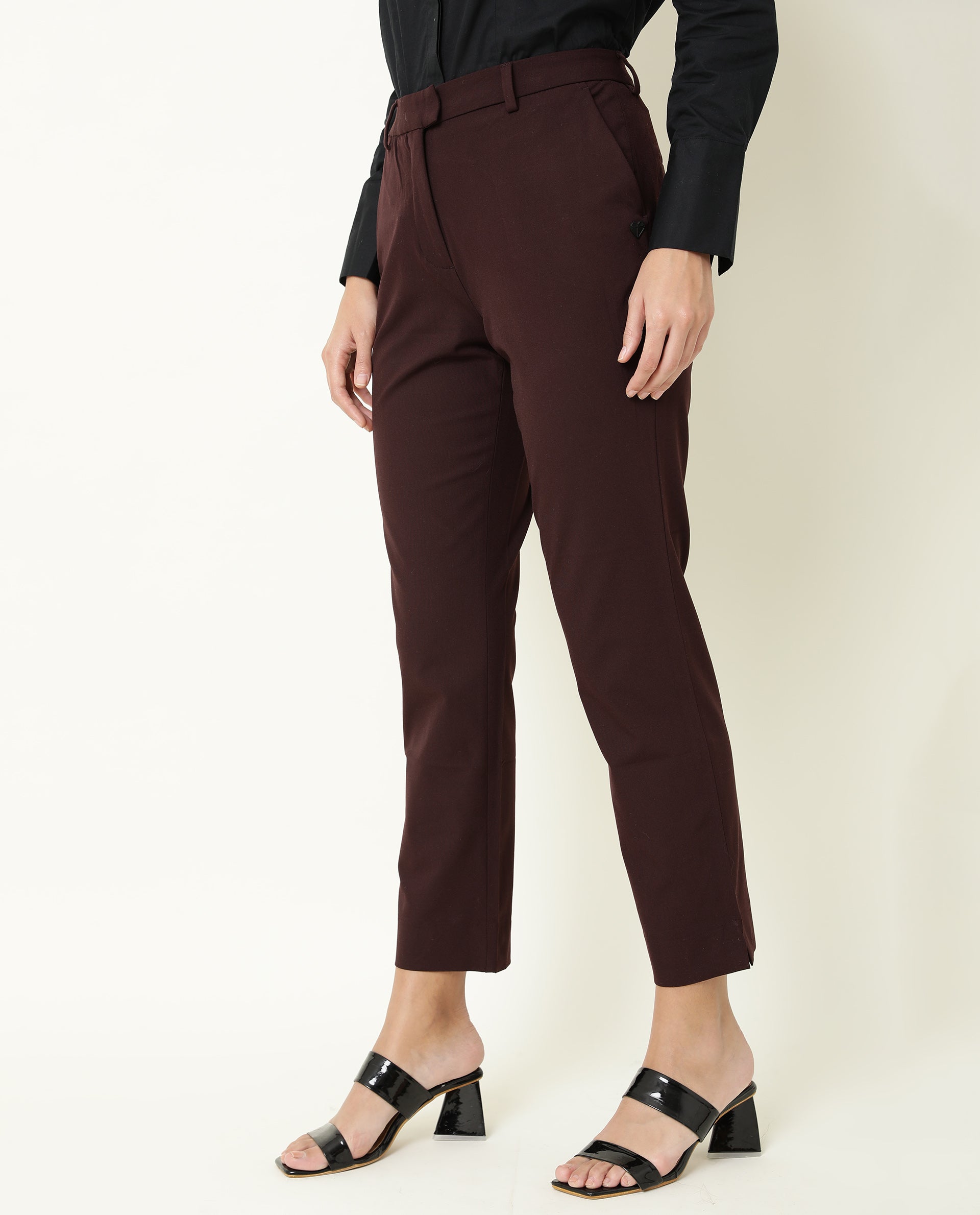 WOMENS YARD MAROON TROUSER Polycotton Lycra FABRIC Fitted FIT Button CLOSURE High Rise WAIST RISE Ankle Length