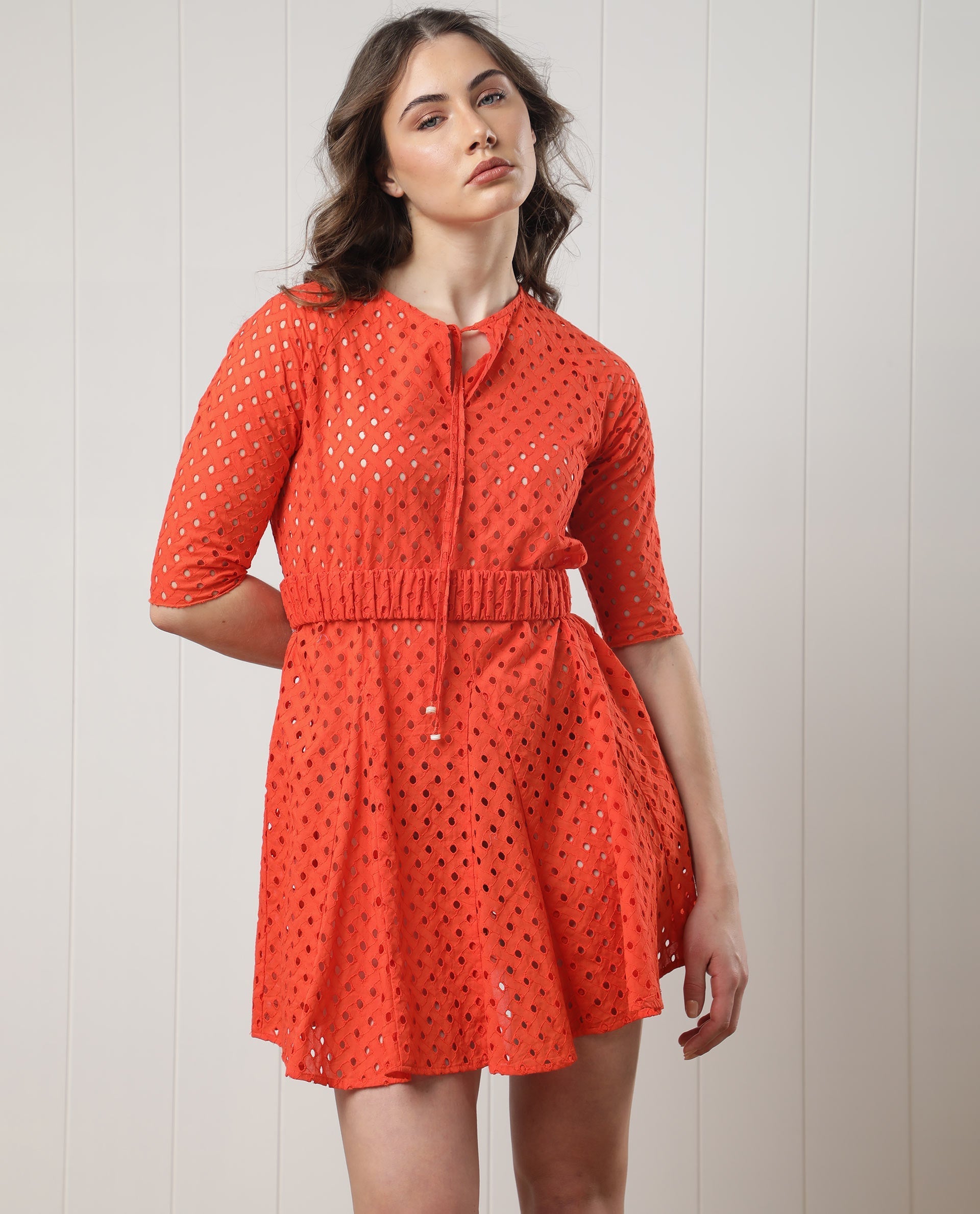 WOMEN'S BEX ORANGE DRESS COTTON FABRIC FULL SLEEVES SOLID