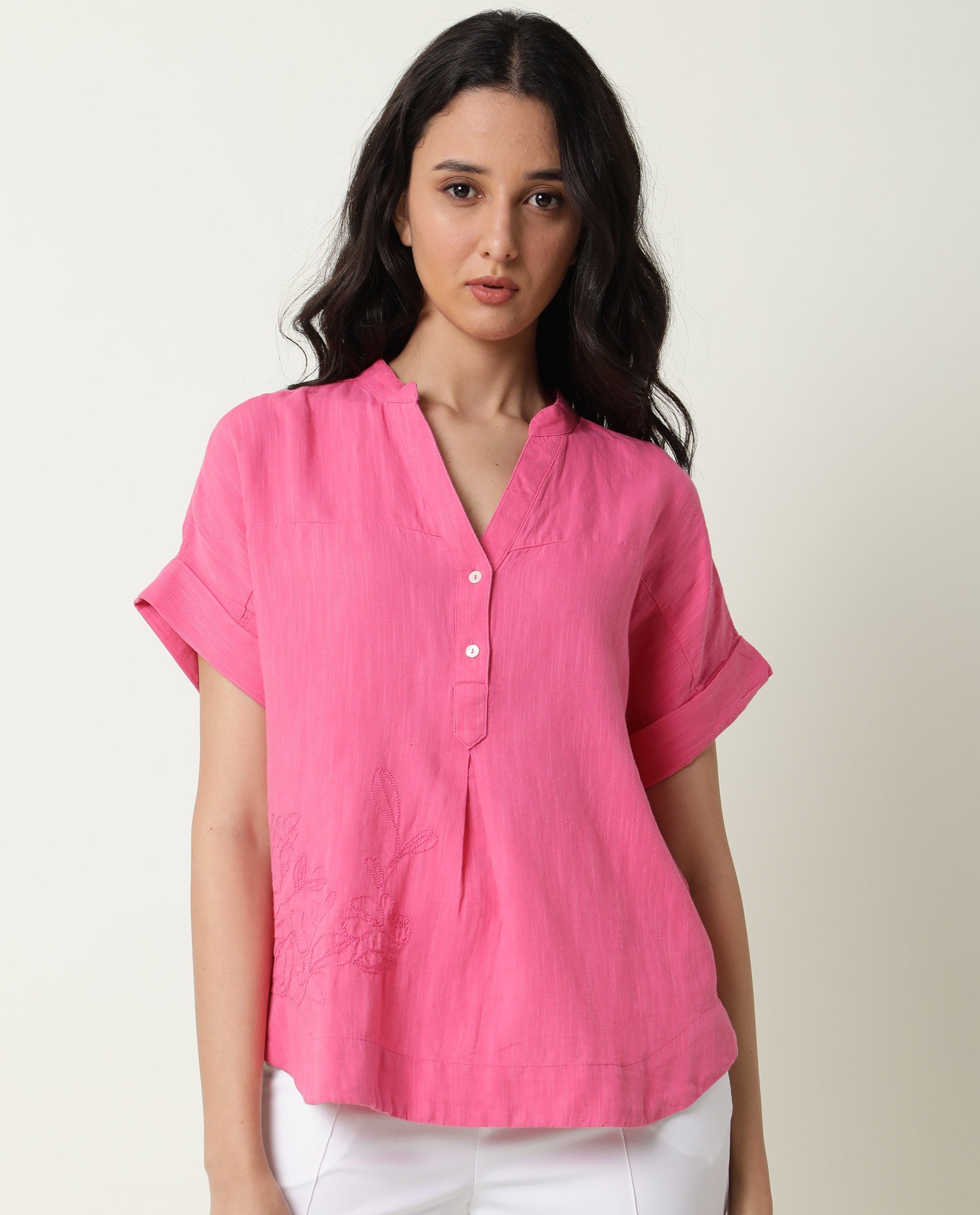 WOMENS REBECCA PINK TOP Cotton Linen FABRIC  Short Sleeve V Neck