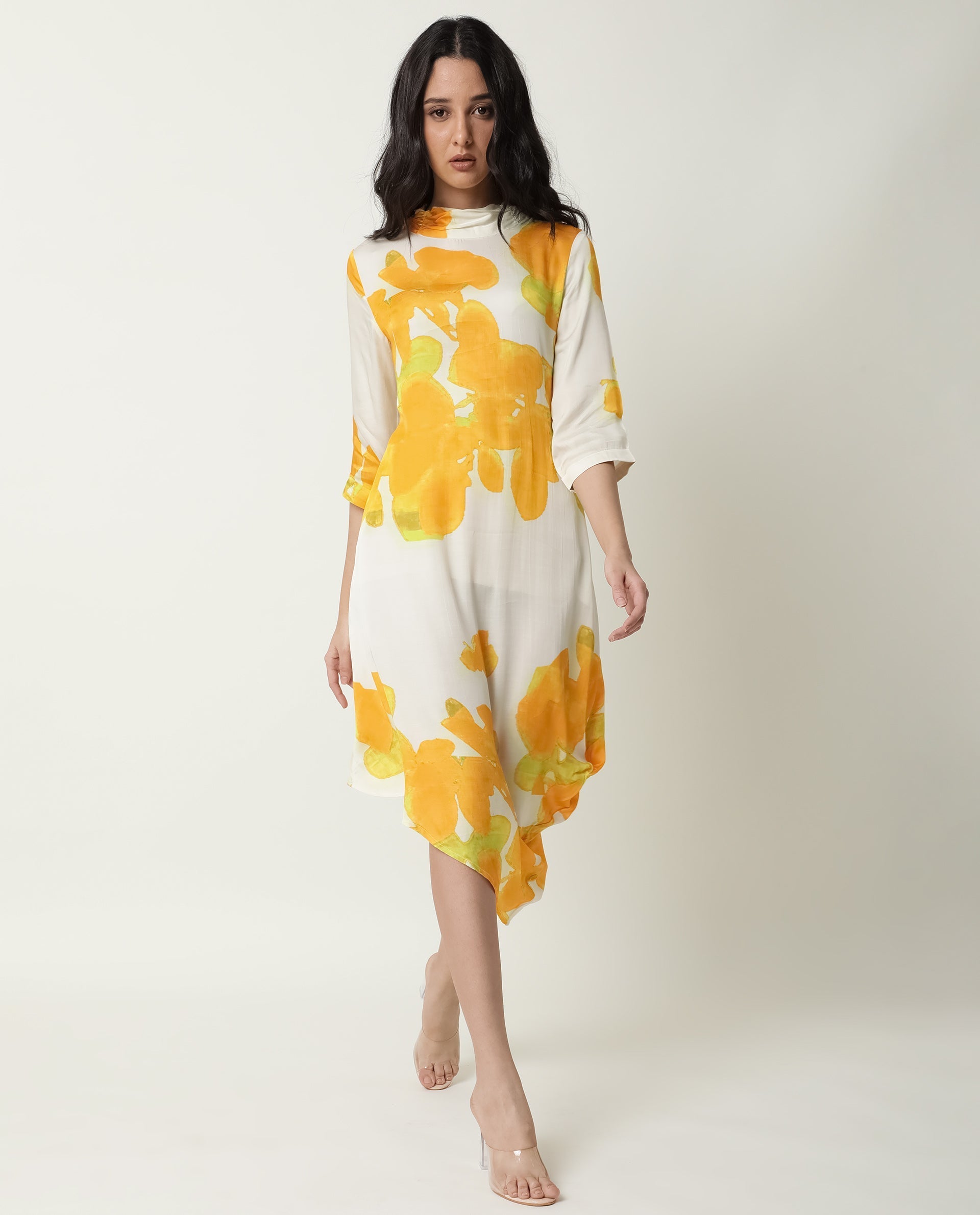 WOMENS BON  YELLOW DRESS MODAL SATIN FABRIC 3/4  SLEEVE HIGH NECK