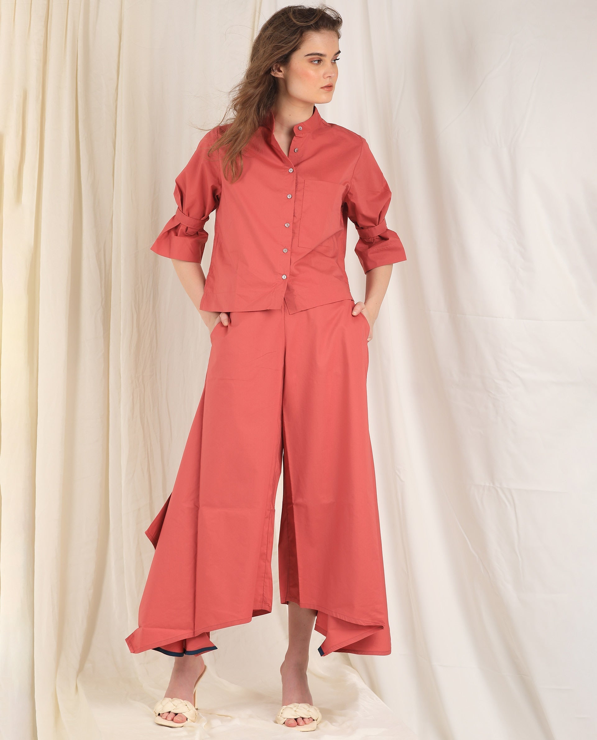 WOMEN'S KYOTO RED TROUSERS POLYESTER FABRIC FULL SLEEVES DRAWSTRING CLOSURE SOLID