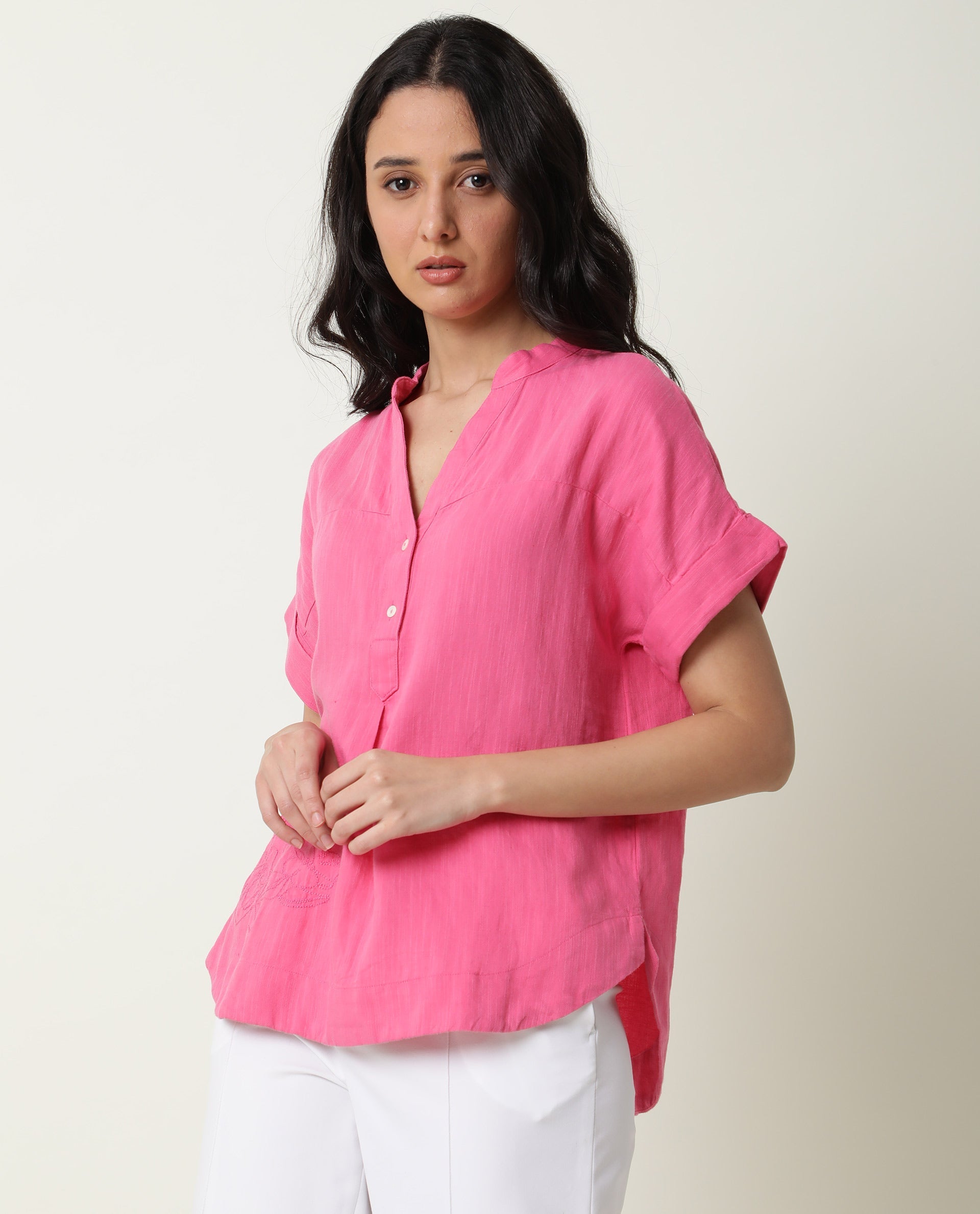 WOMENS REBECCA PINK TOP Cotton Linen FABRIC  Short Sleeve V Neck