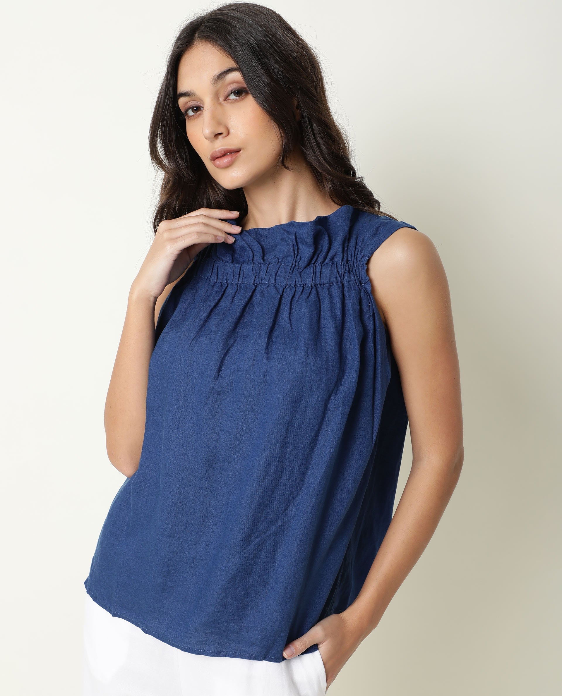 WOMENS FLASH BLUE TOP Cotton Linen FABRIC Regular FIT Sleeveless Round Neck