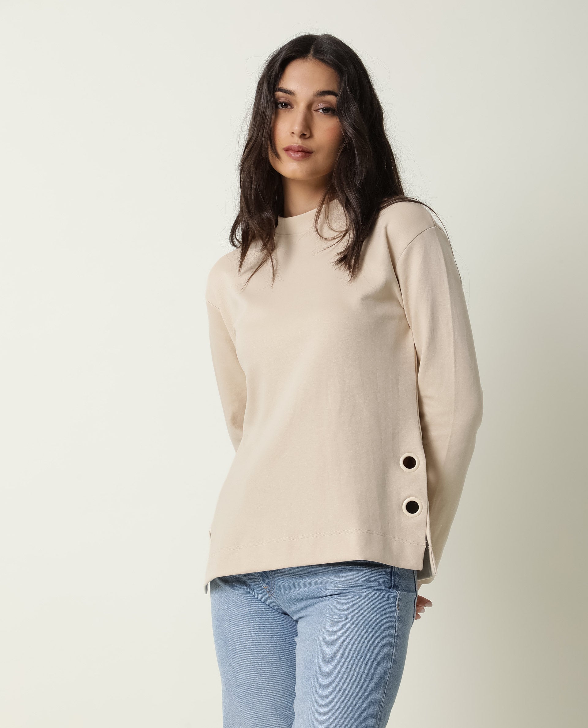 WOMENS ROSS BEIGE TOP Cotton FABRIC  Full Sleeve Round Neck