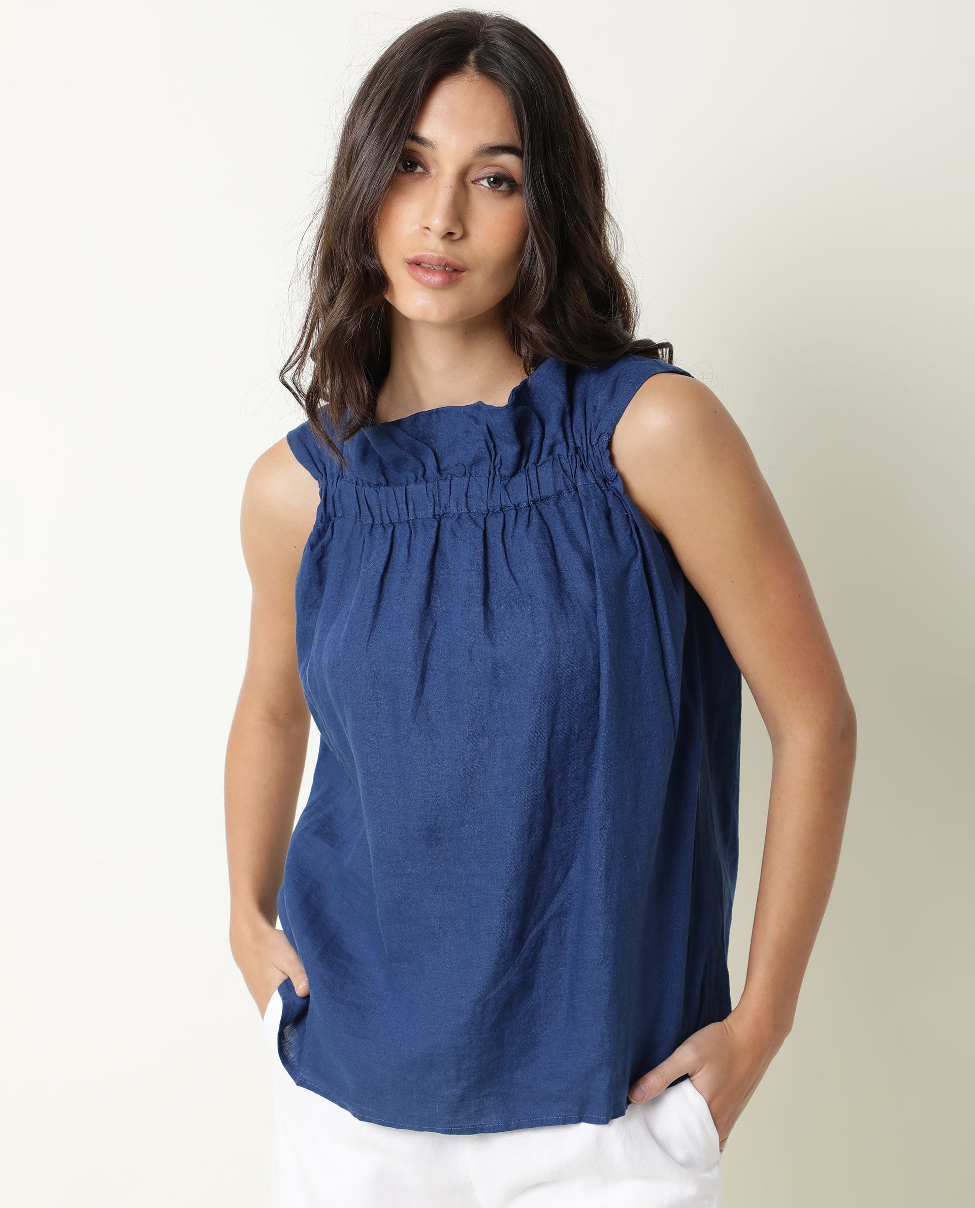 WOMENS FLASH BLUE TOP Cotton Linen FABRIC Regular FIT Sleeveless Round Neck