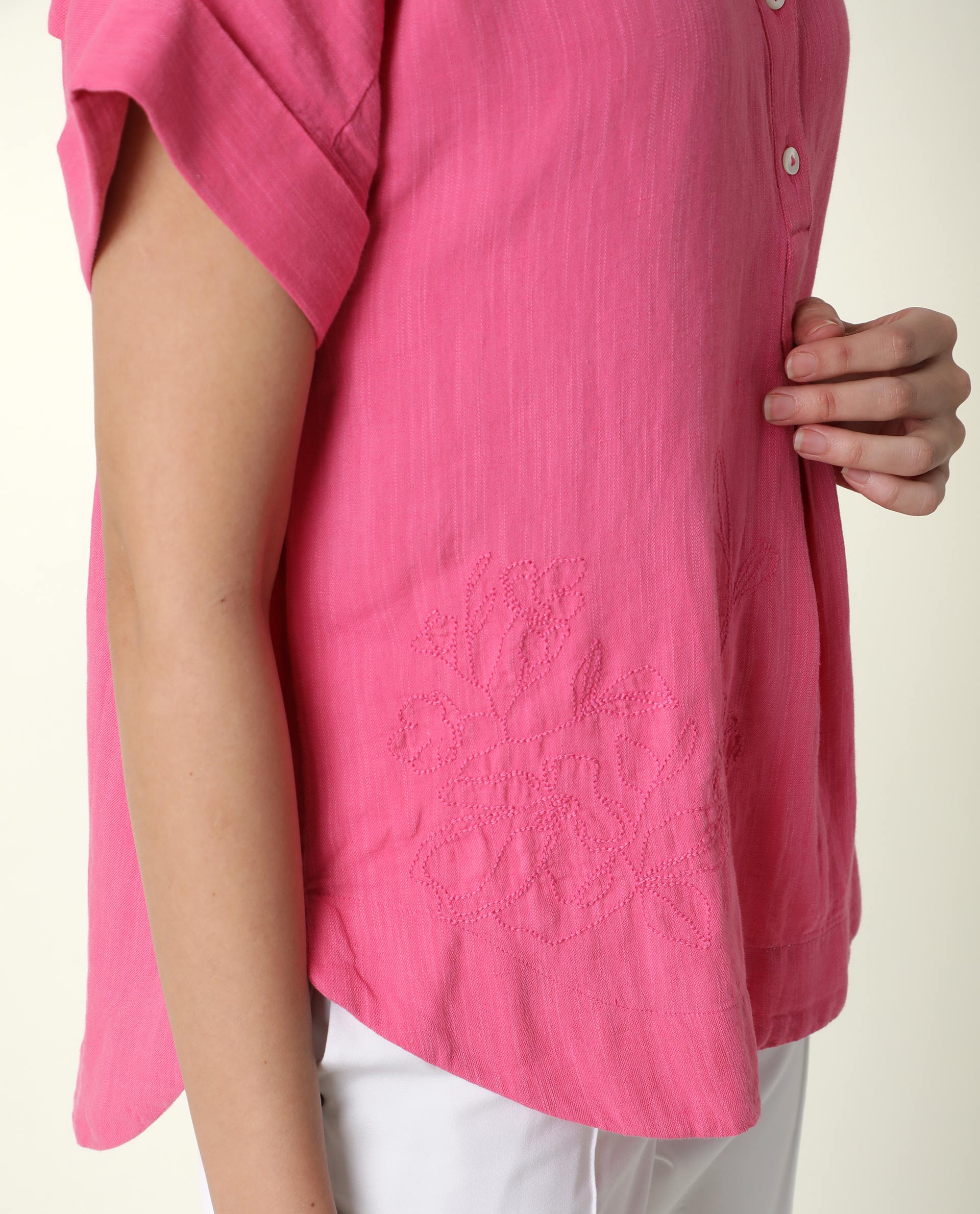 WOMENS REBECCA PINK TOP Cotton Linen FABRIC  Short Sleeve V Neck