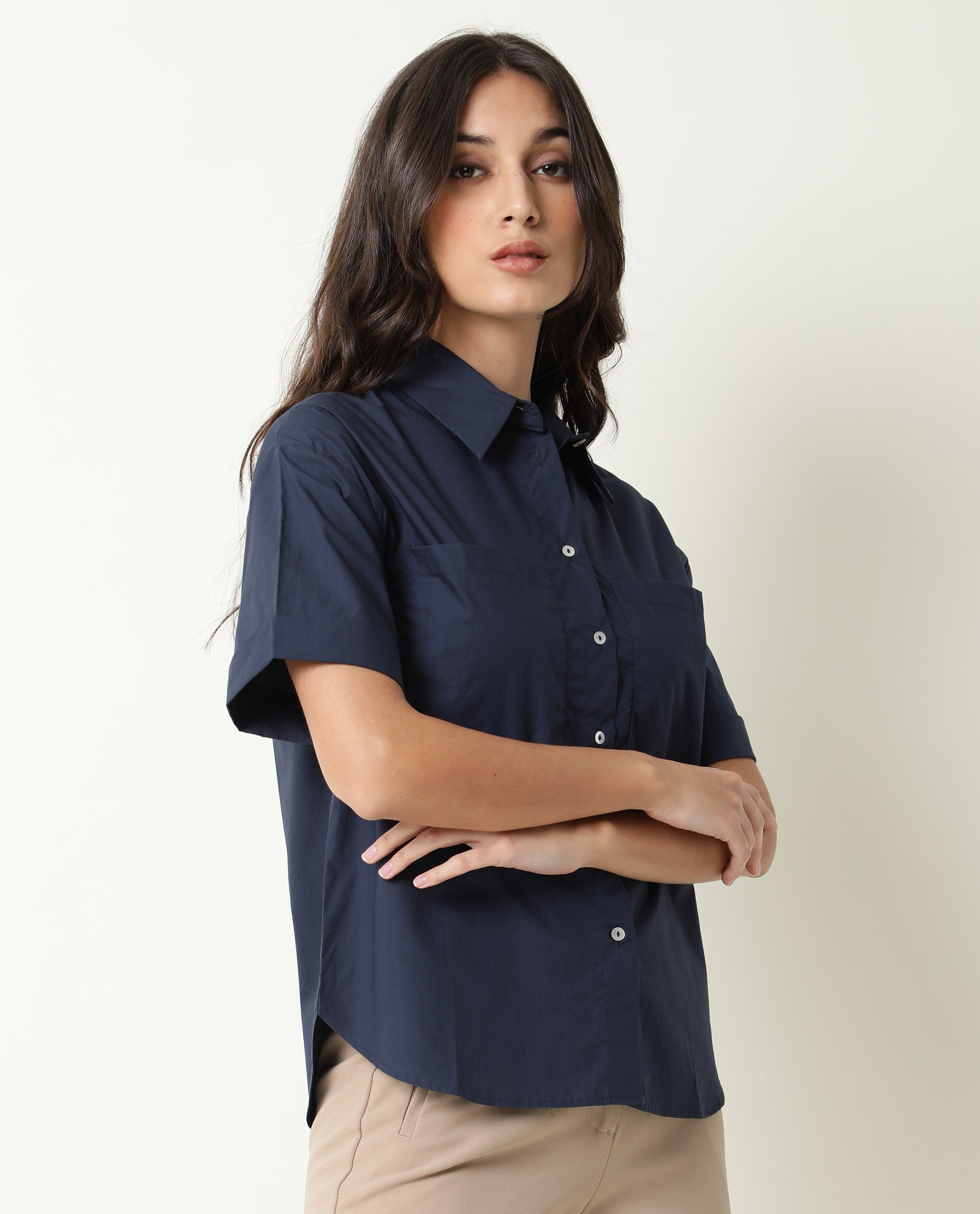 WOMENS VESH NAVY TOP Cotton FABRIC Regular FIT Half Sleeve Collared Neck