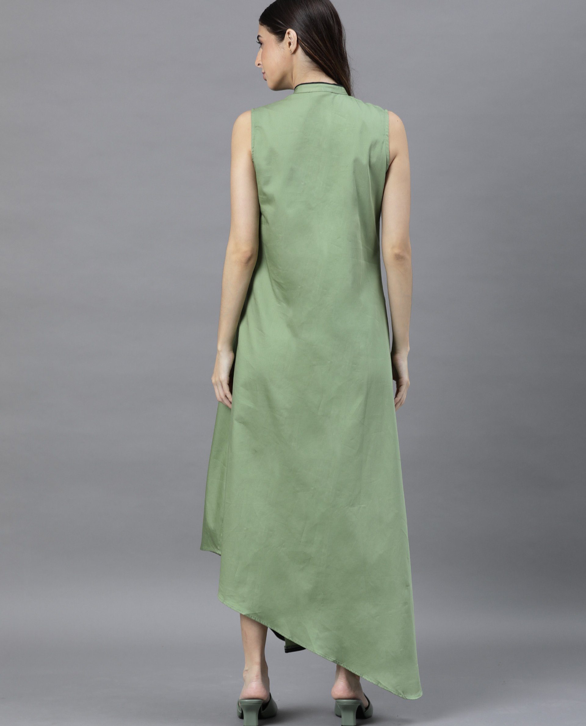 WOMENS SHORE GREEN DRESS SATIN FABRIC REGULAR FIT SLEEVES MANDARIN NECK