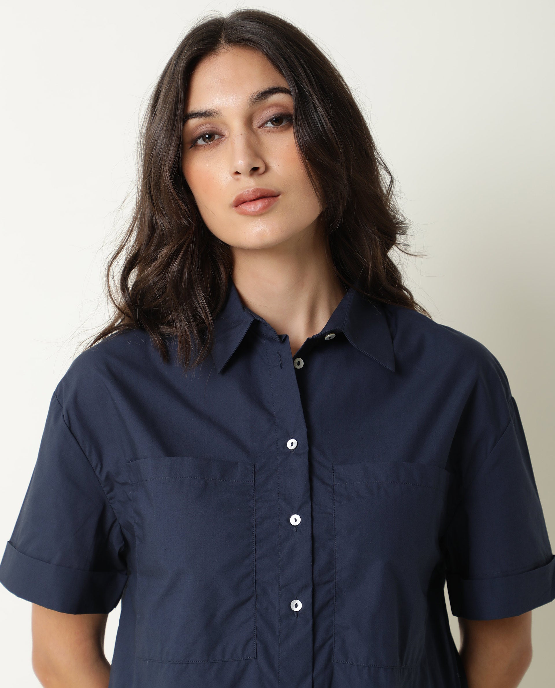 WOMENS VESH NAVY TOP Cotton FABRIC Regular FIT Half Sleeve Collared Neck