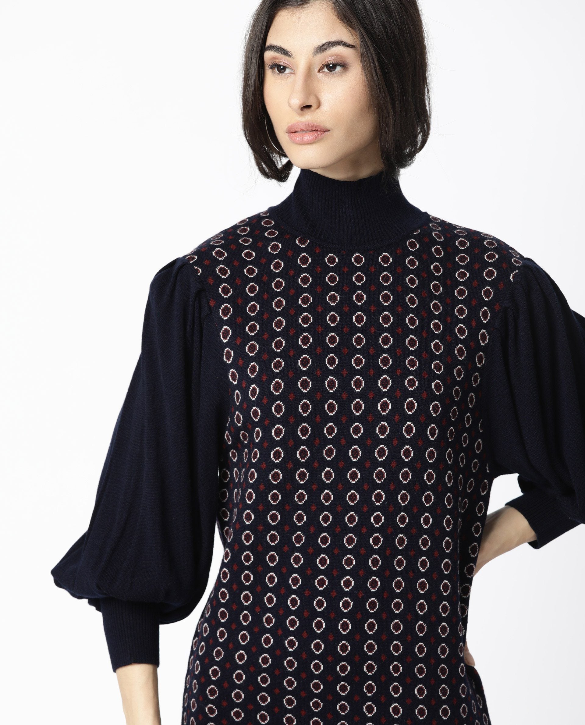 WOMEN'S WEB NAVY DRESS FULL SLEEVES DOBBY