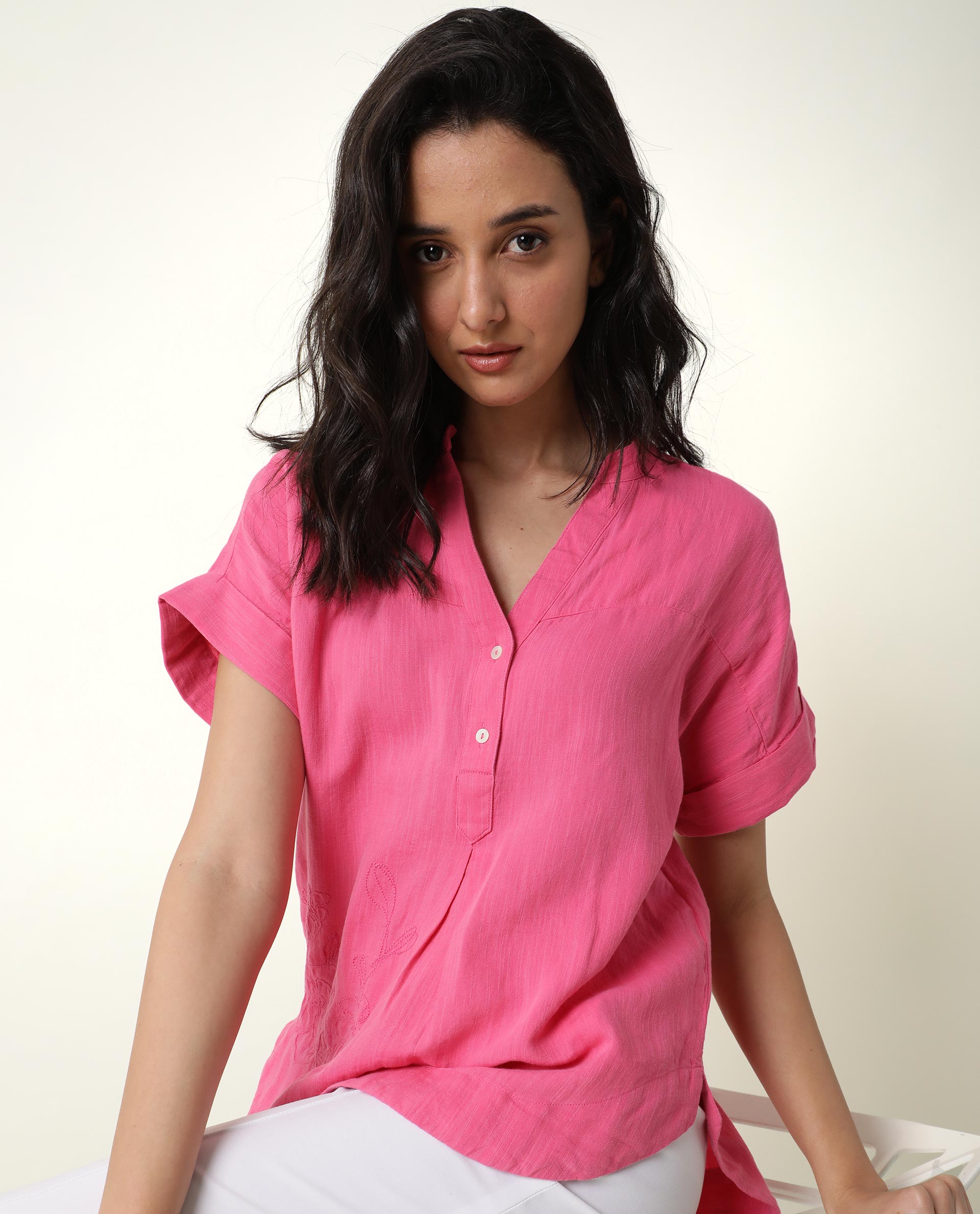 WOMENS REBECCA PINK TOP Cotton Linen FABRIC  Short Sleeve V Neck