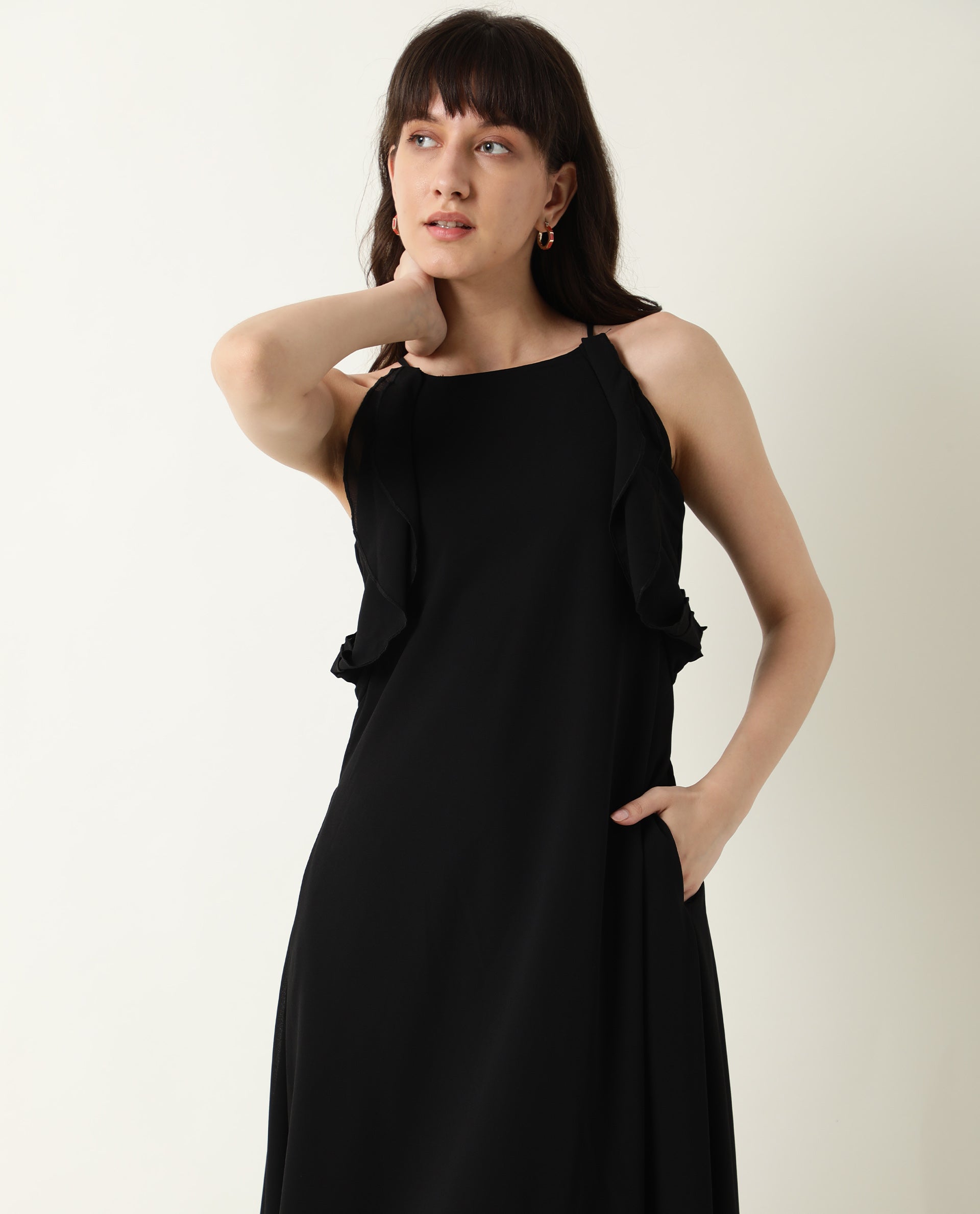 WOMENS DECORA BLACK PLAIN SLEEVELESS POLYESTER FABRIC LONG DRESS