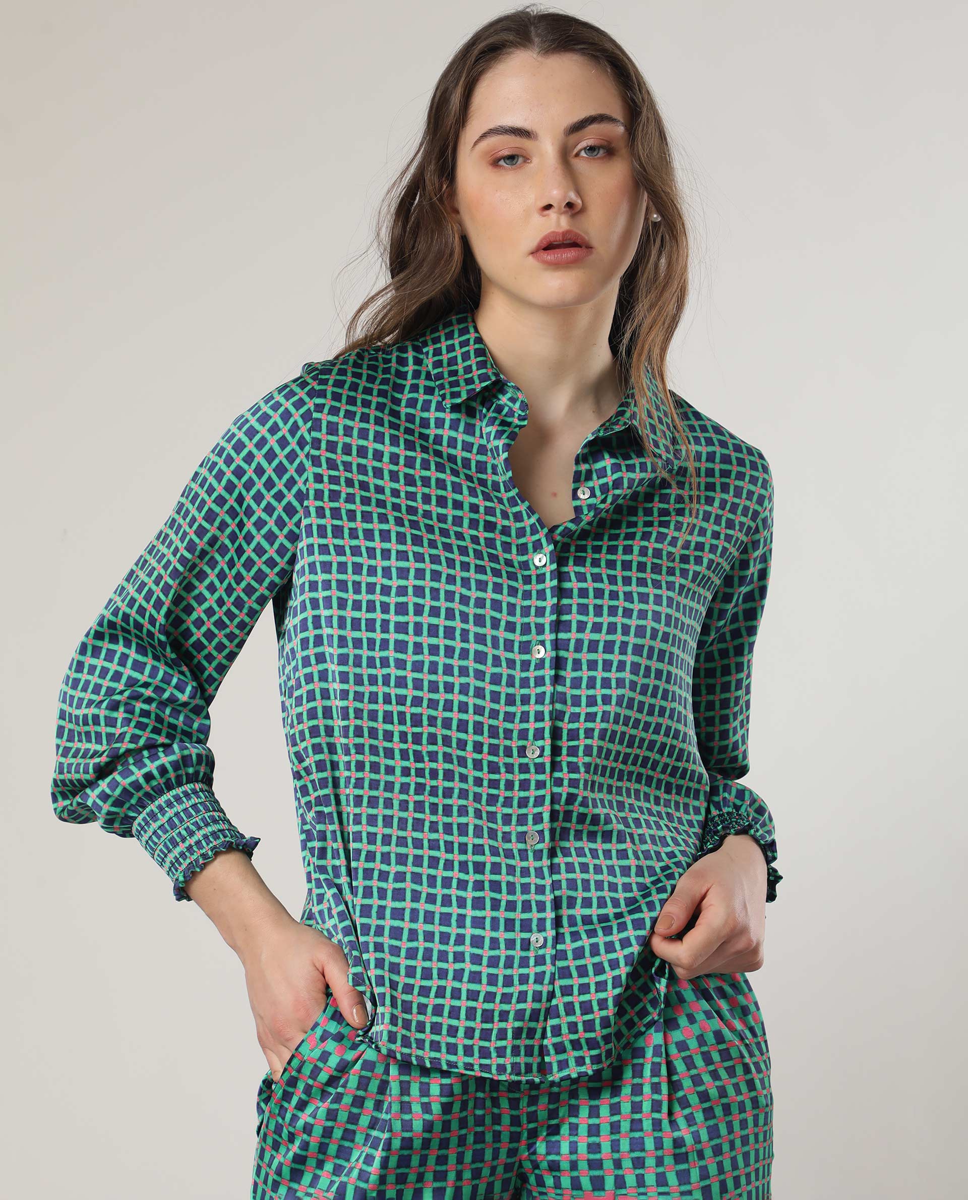 WOMEN'S EMILEO GREEN SHIRT POLYESTER FABRIC FULL SLEEVES PRINT