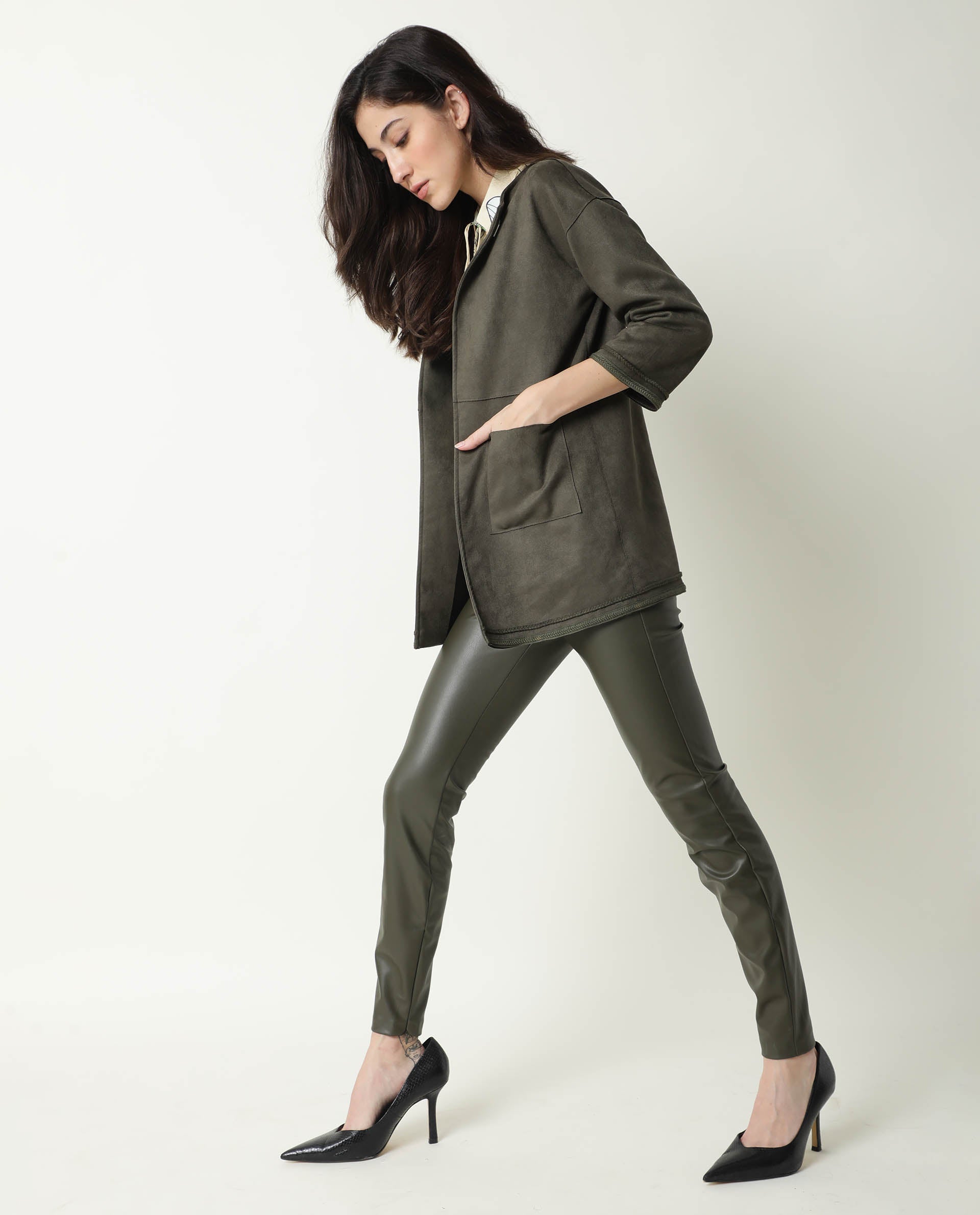 WOMENS SQUARE OLIVE JACKET Polyester FABRIC Regular FIT 3/4 Sleeve U - Neck