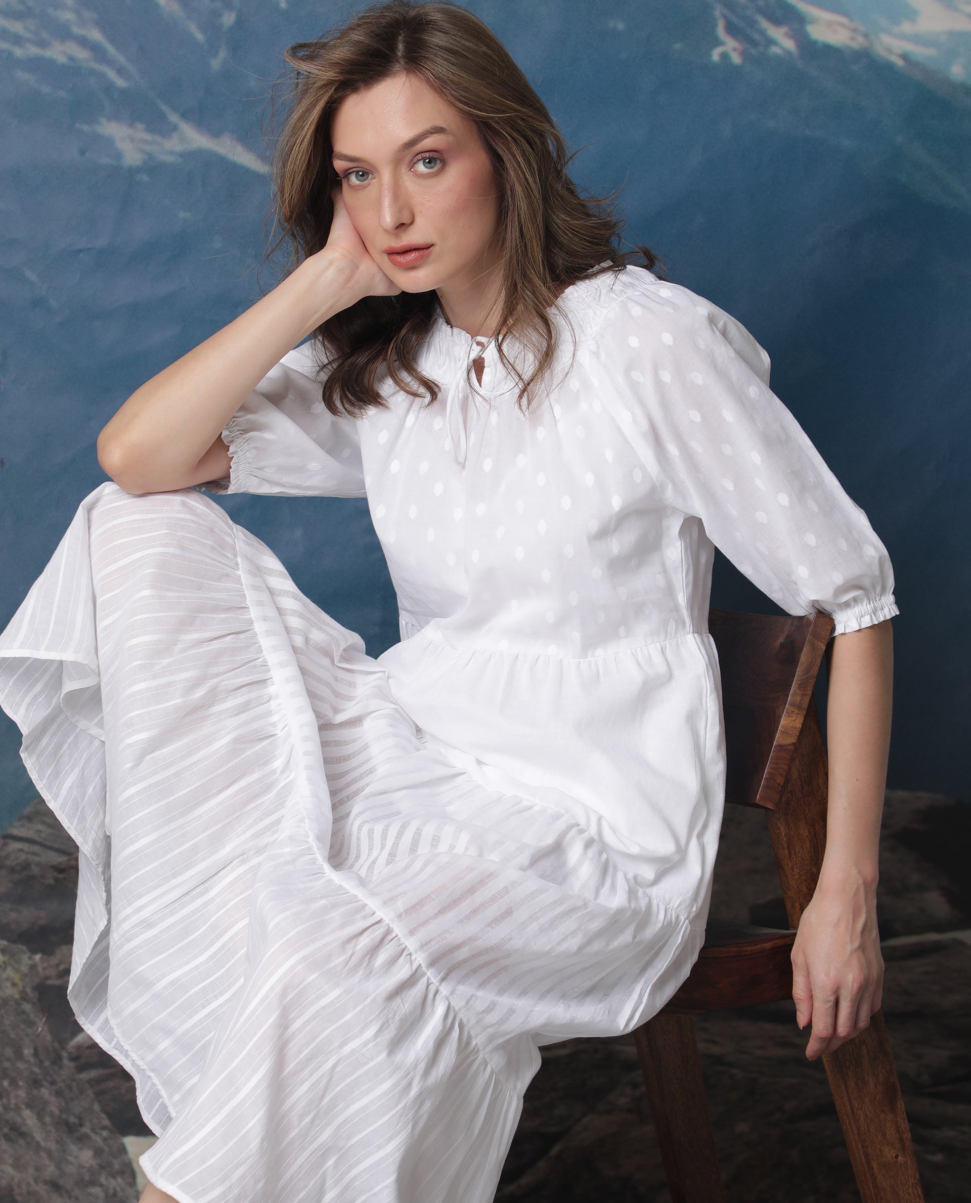WOMEN'S MYLE WHITE DRESS COTTON FABRIC FULL SLEEVES SOLID