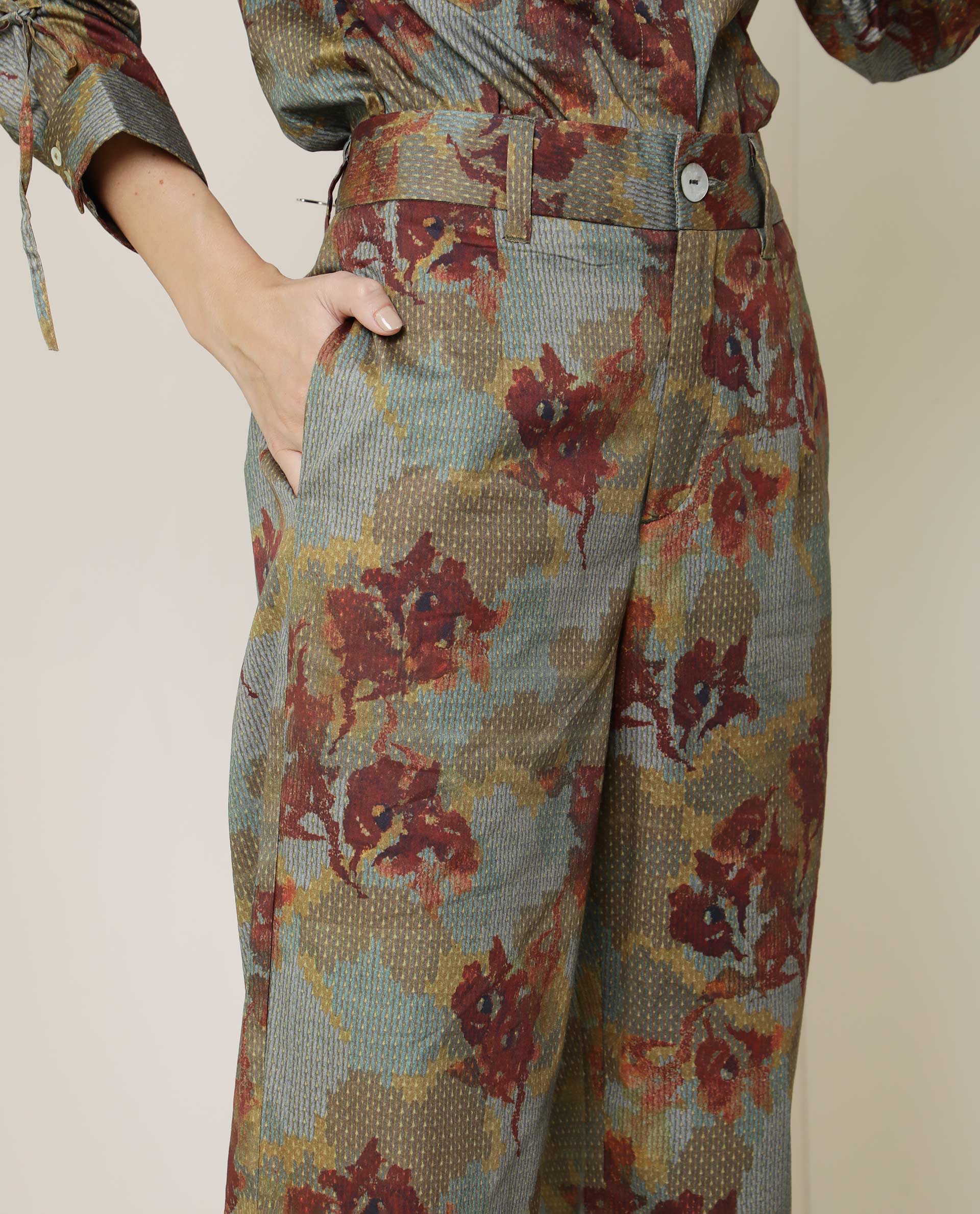 WOMEN'S MILAN OLIVE TROUSERS COTTON FABRIC PRINT