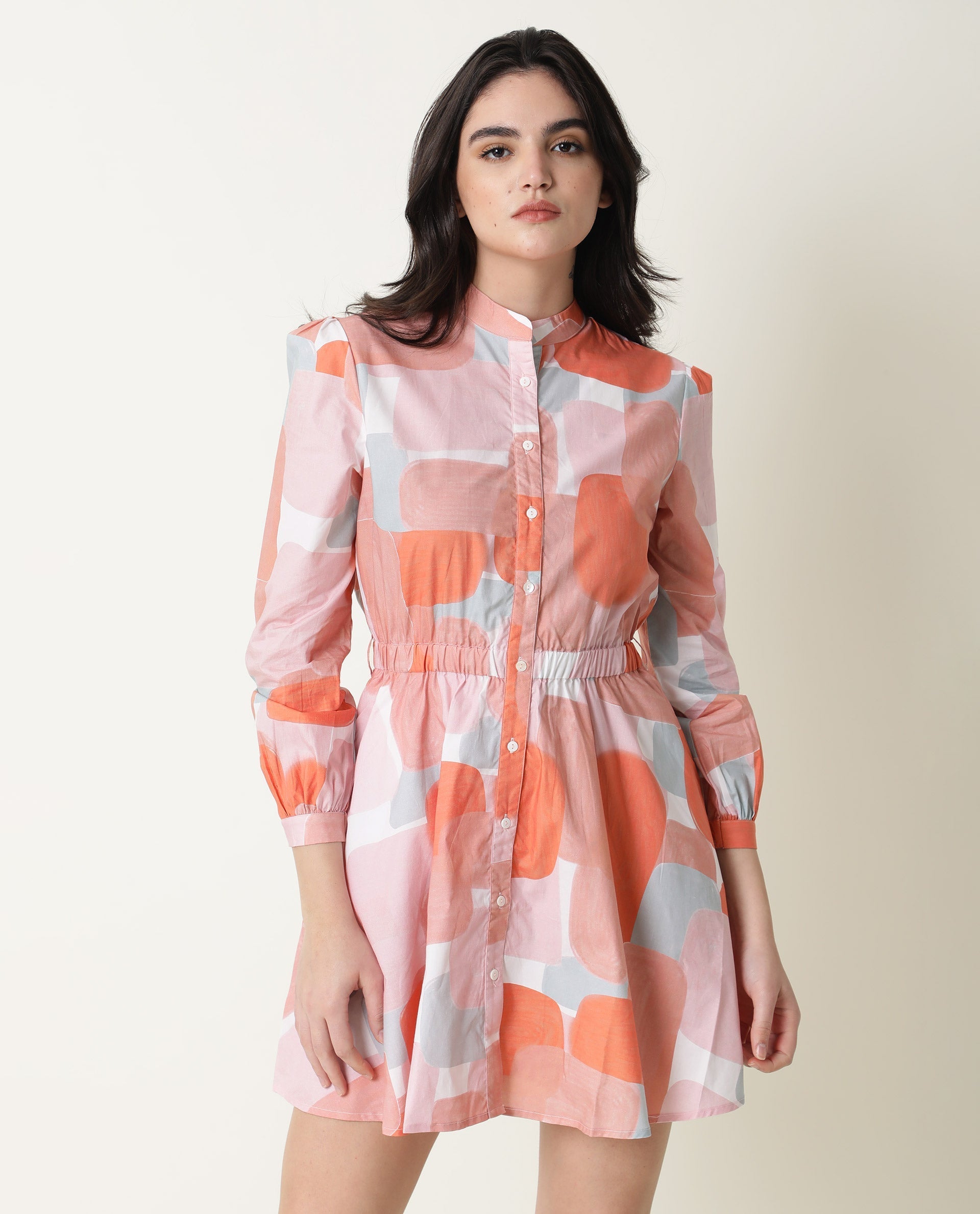 WOMENS FACES PEACH DRESS MODAL SATIN FABRIC REGULAR FIT CUFFED SLEEVE MANDARIN NECK