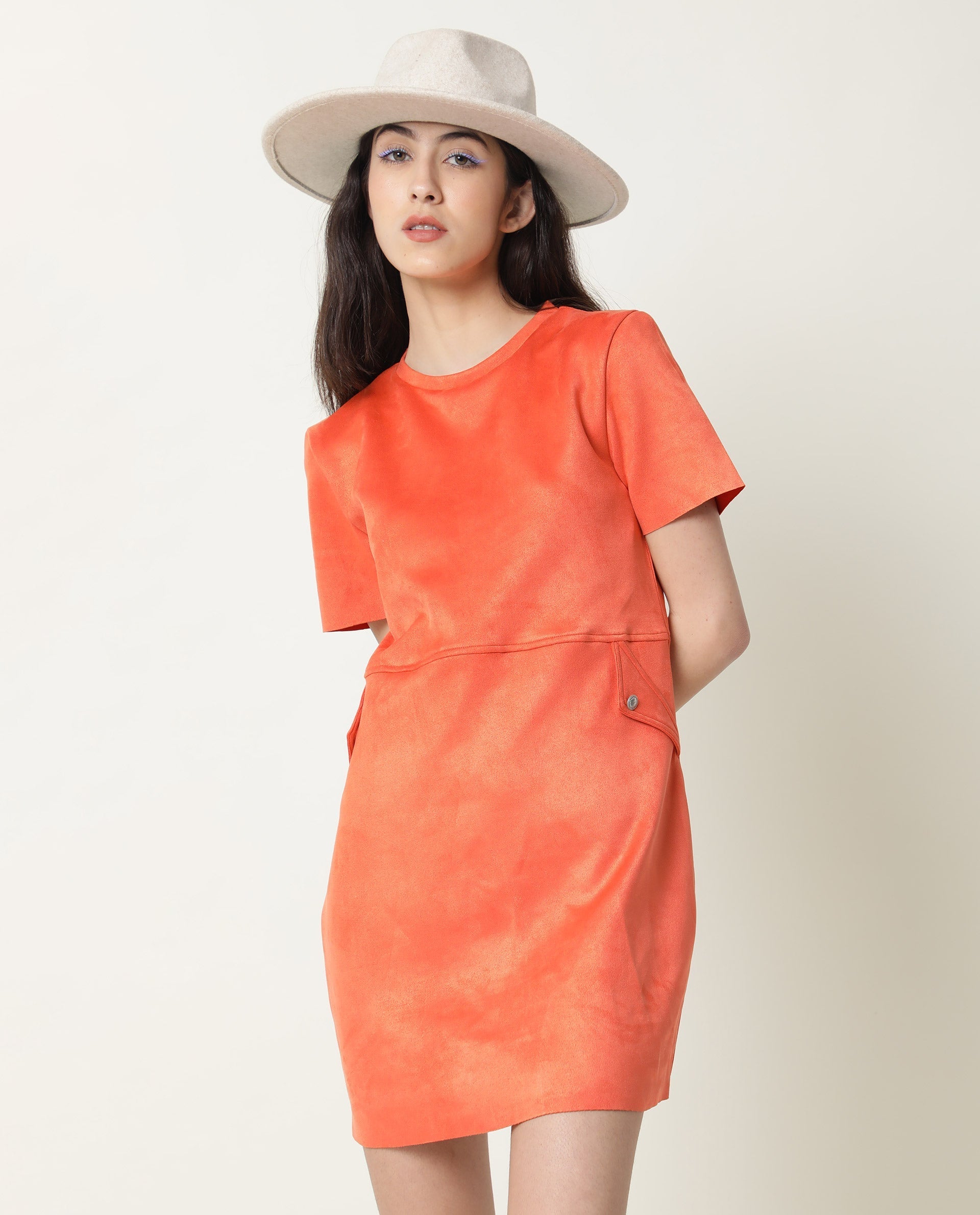 WOMEN'S SIONS ORANGE DRESS POLYESTER FABRIC REGULAR FIT SHORT SLEEVES CREW NECK