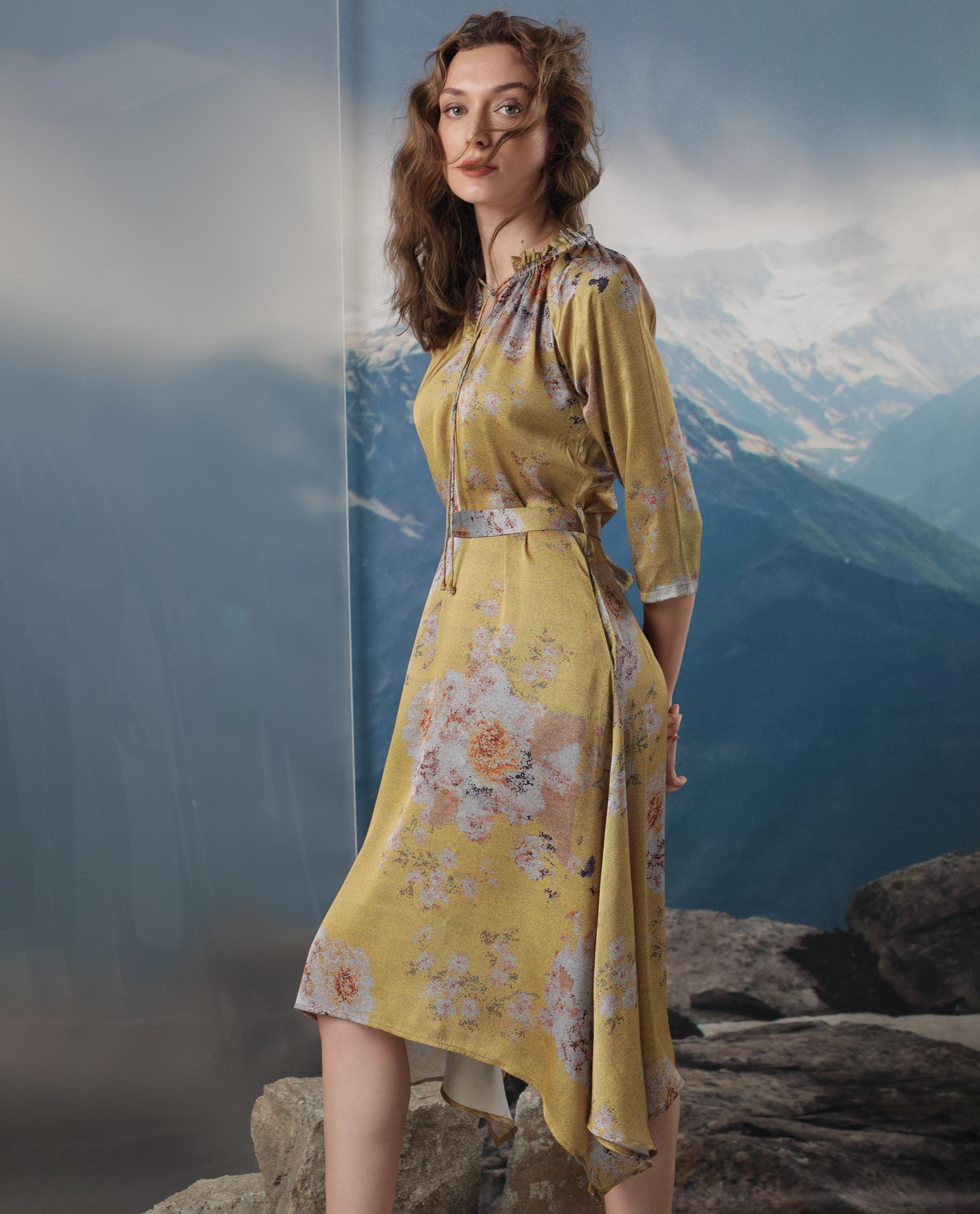 WOMEN'S JOURNEE YELLOW DRESS POLYESTER FABRIC FULL SLEEVES PRINT