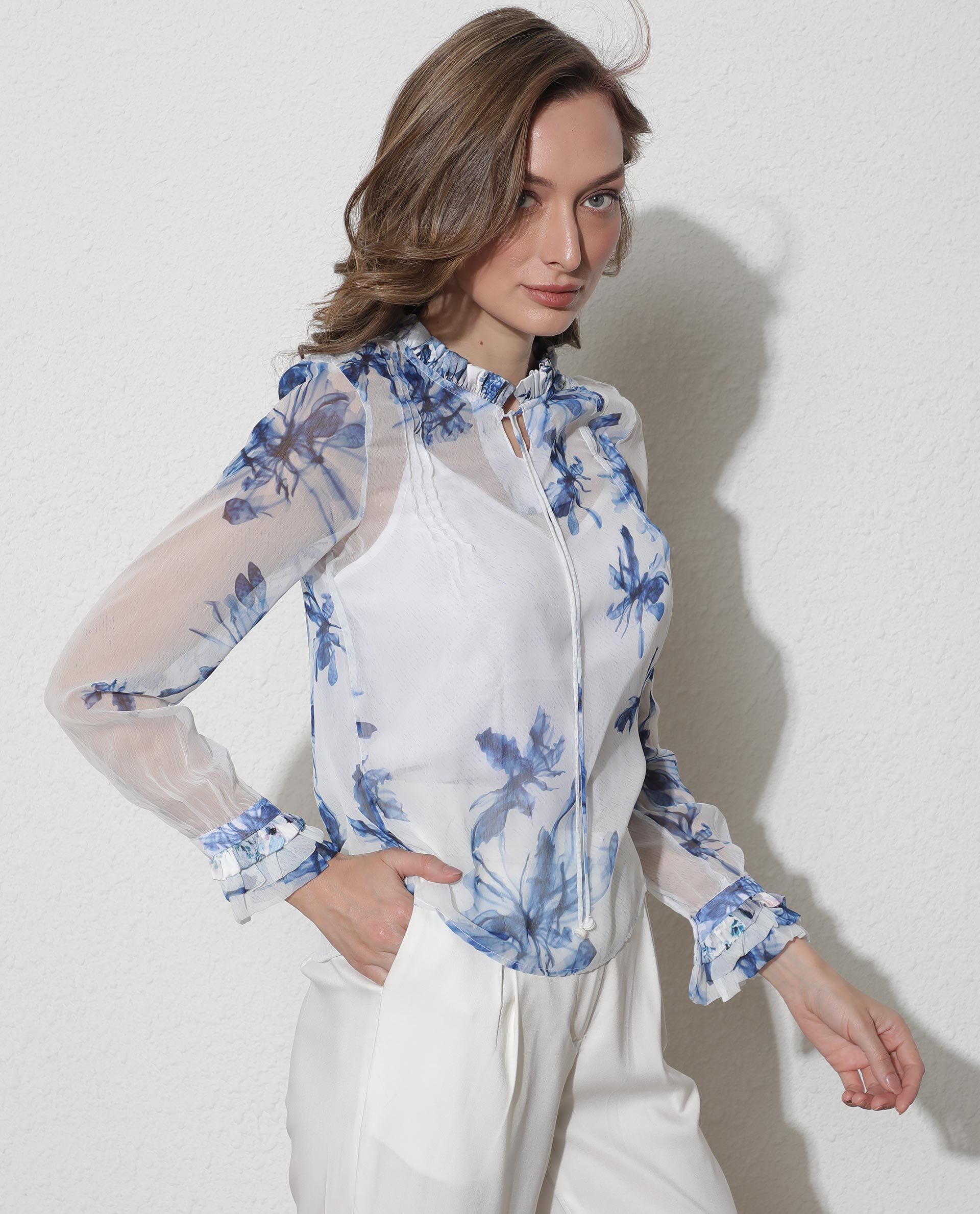 WOMEN'S DREAM WHITE TOP POLYESTER FABRIC FULL SLEEVES PRINT