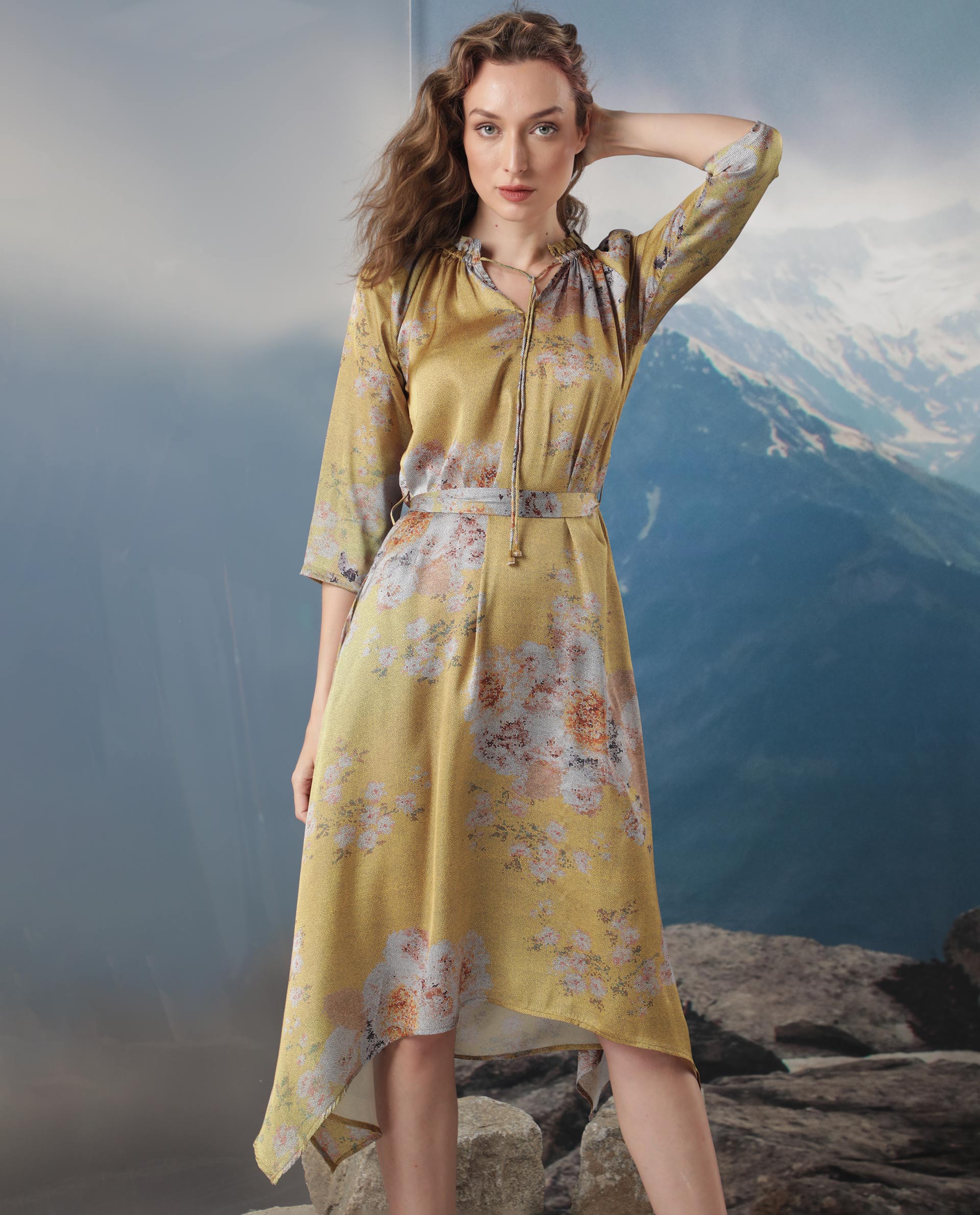 WOMEN'S JOURNEE YELLOW DRESS POLYESTER FABRIC FULL SLEEVES PRINT