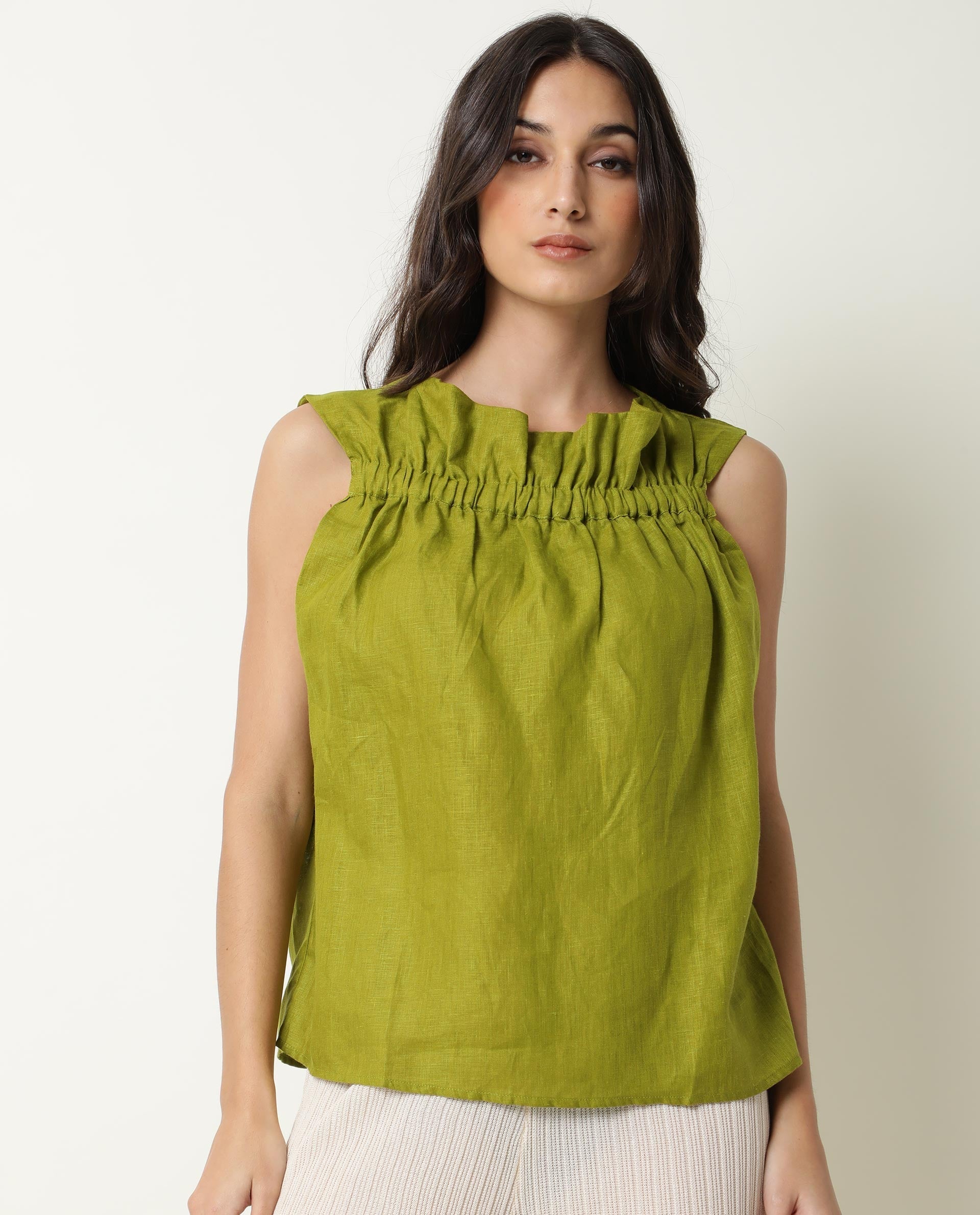 WOMENS FLASH GREEN TOP Cotton Linen FABRIC Regular FIT Sleeveless Ruffled Neck