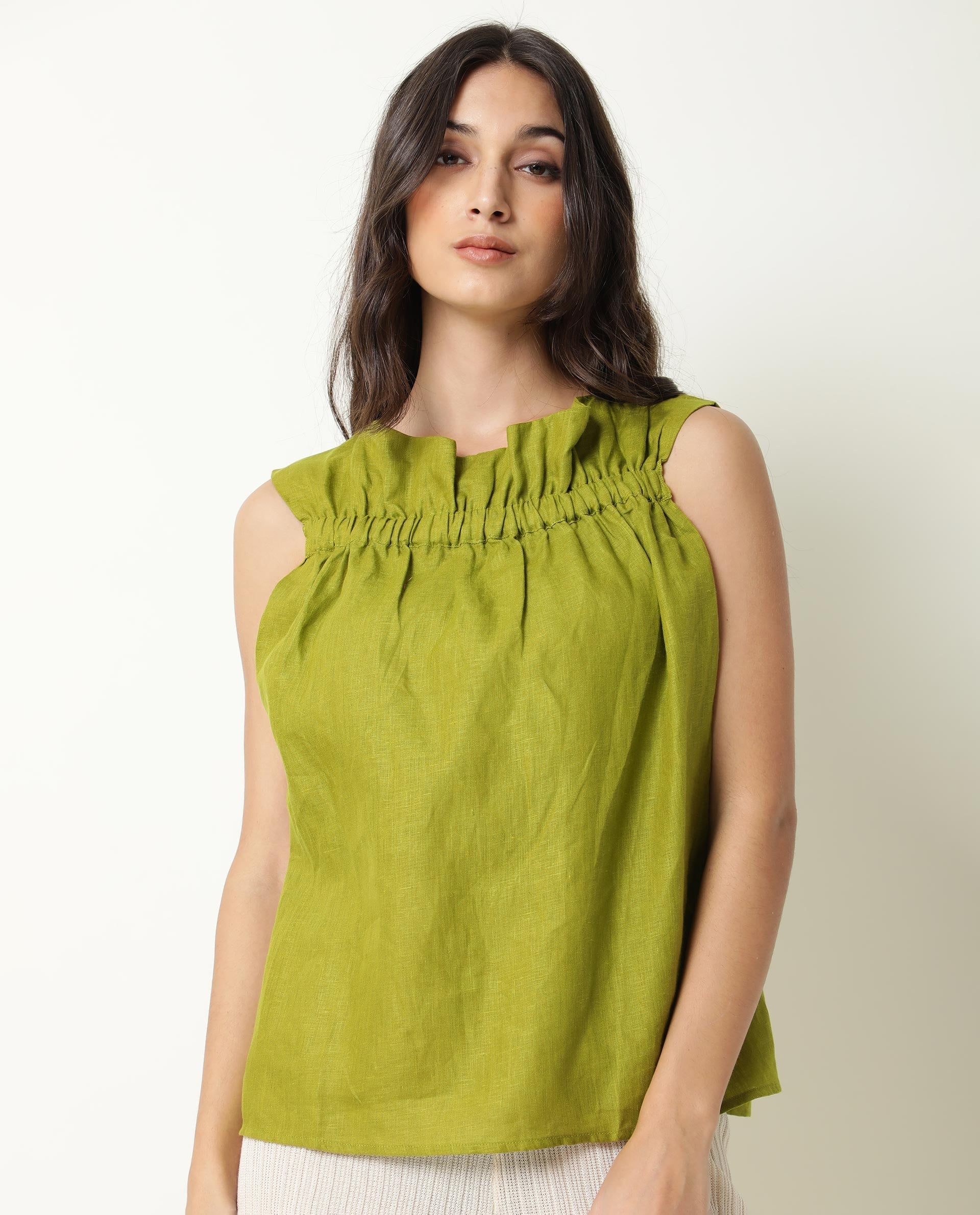 WOMENS FLASH GREEN TOP Cotton Linen FABRIC Regular FIT Sleeveless Ruffled Neck