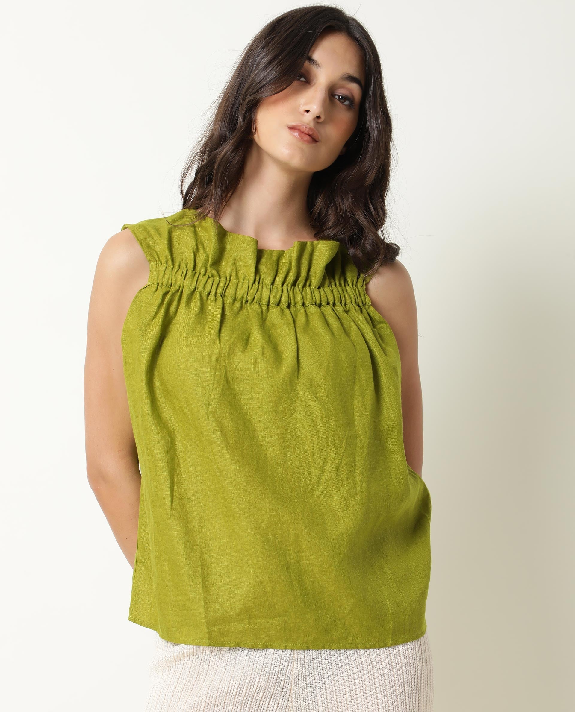 WOMENS FLASH GREEN TOP Cotton Linen FABRIC Regular FIT Sleeveless Ruffled Neck